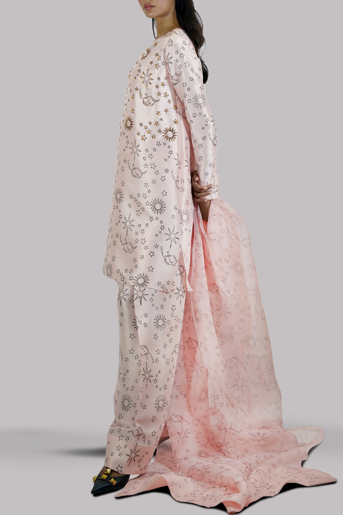 Peach Blush Block Printed &amp; Embellished Raw Silk Set