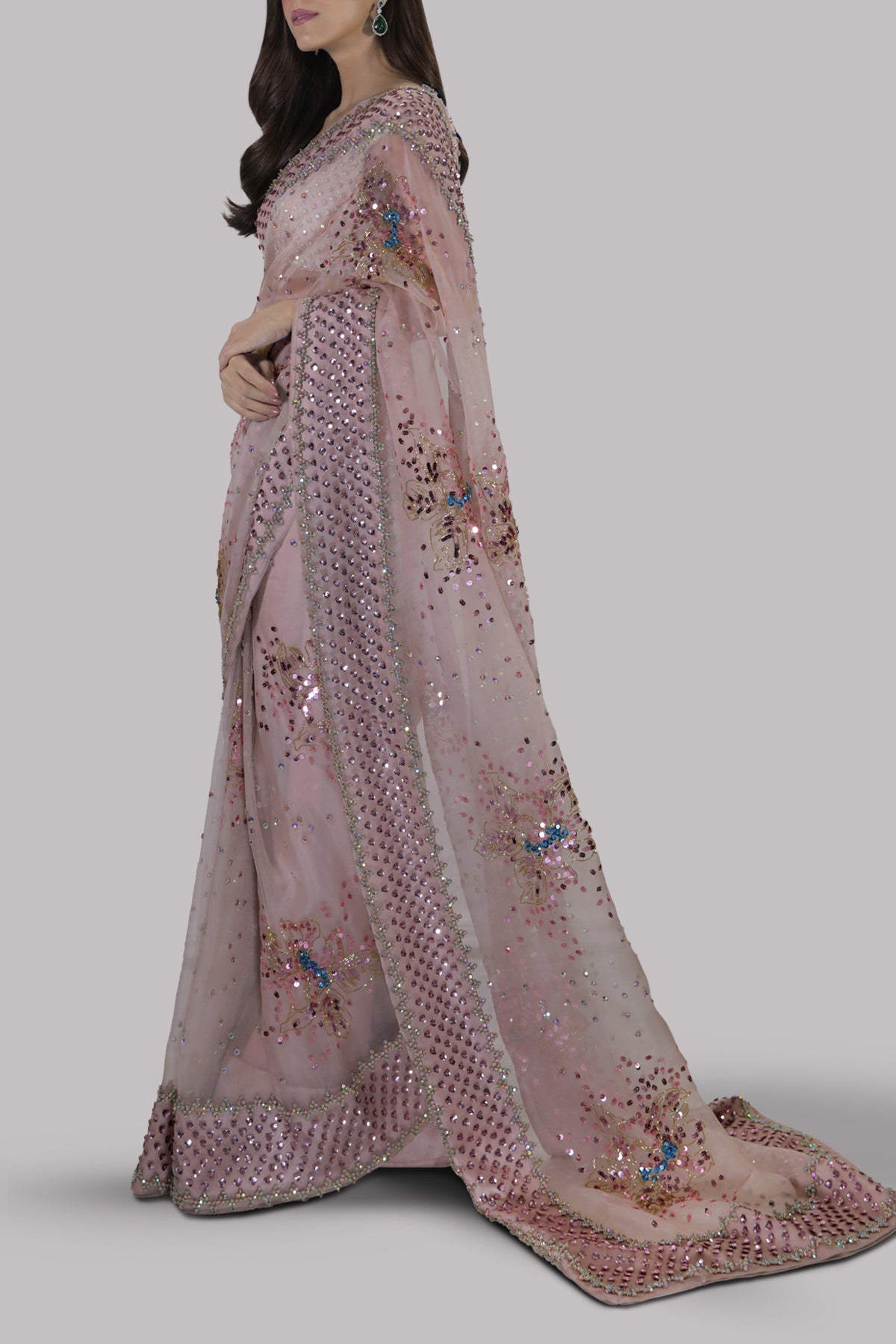 Peach Blush Embellished Organza Sari