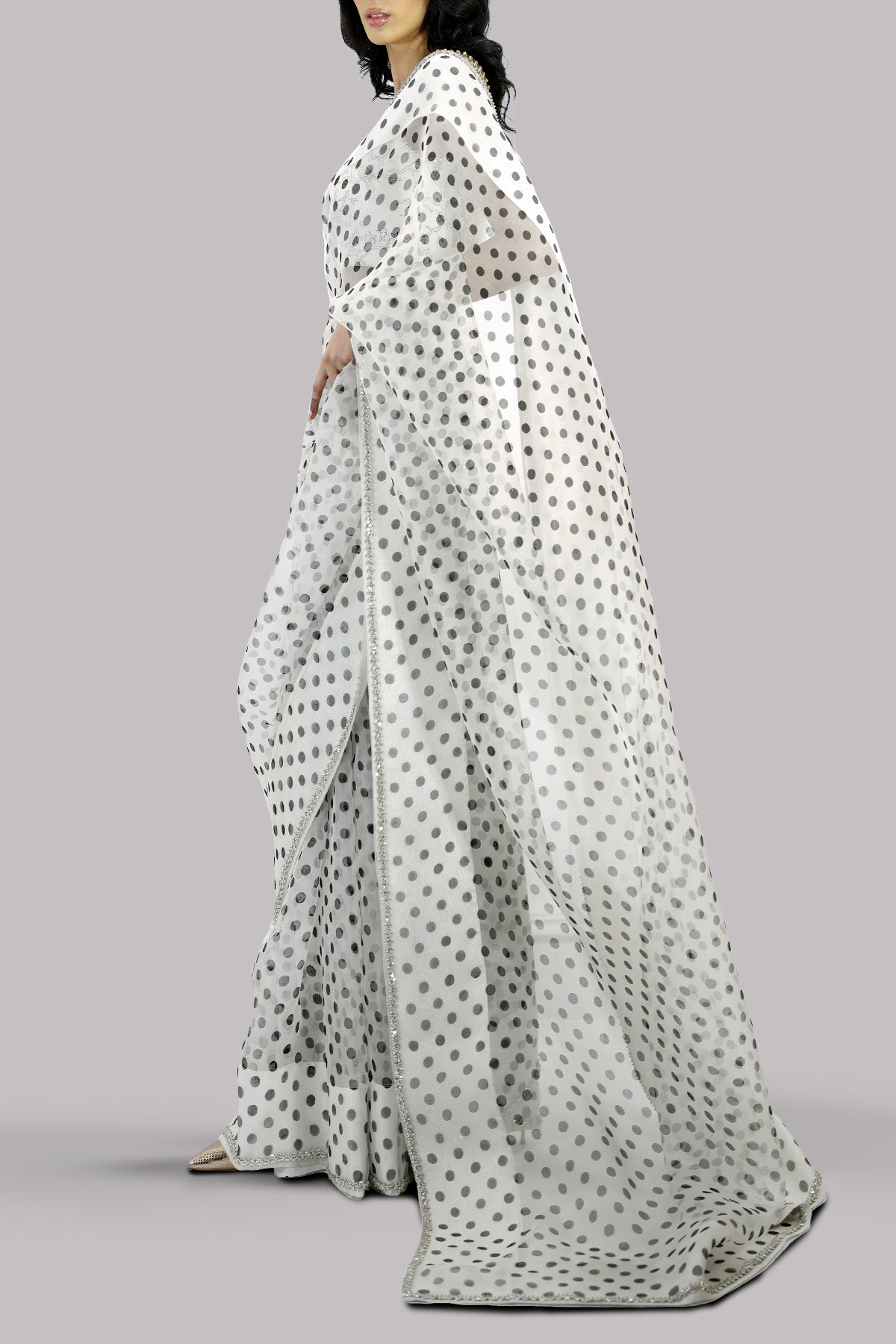 Egret Block Printed and Embellished Organza Sari