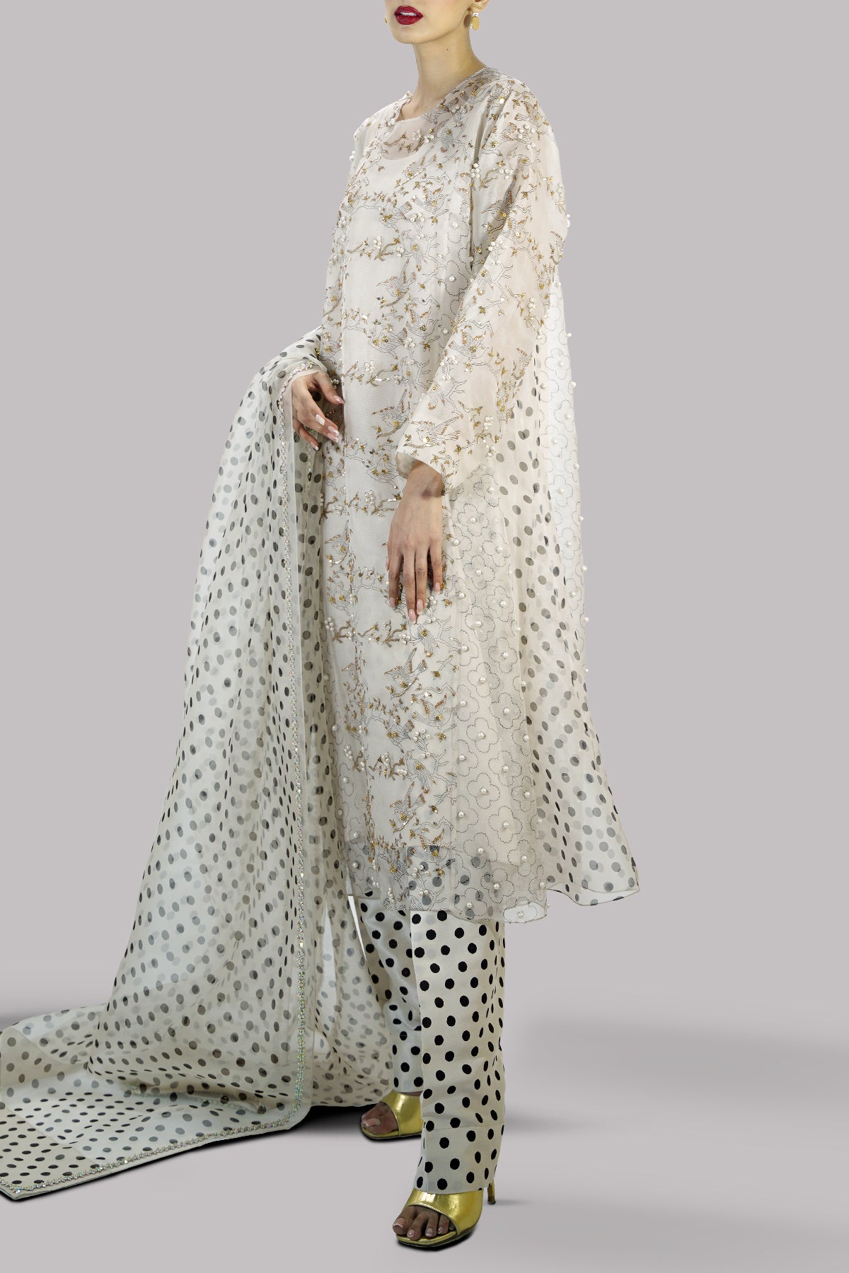 Egret Block Printed &amp; Embellished Organza Set