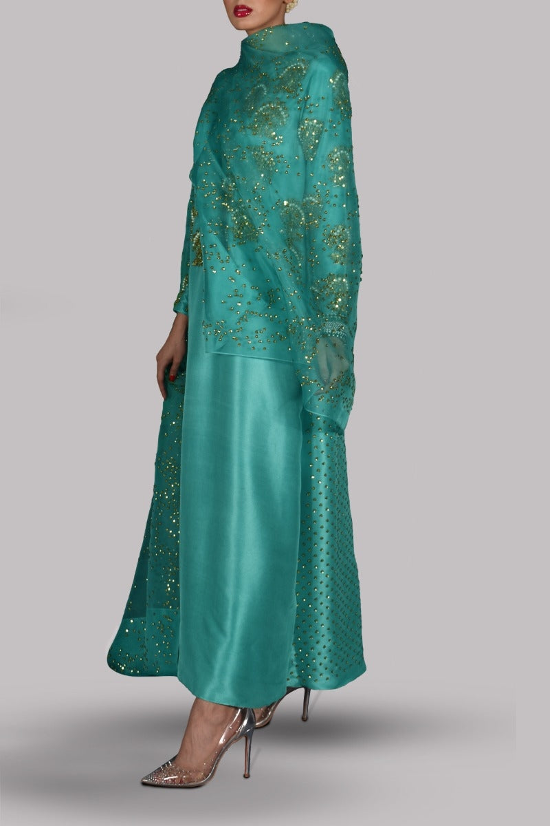 Waterfall Green Embellished Raw Silk Maxi