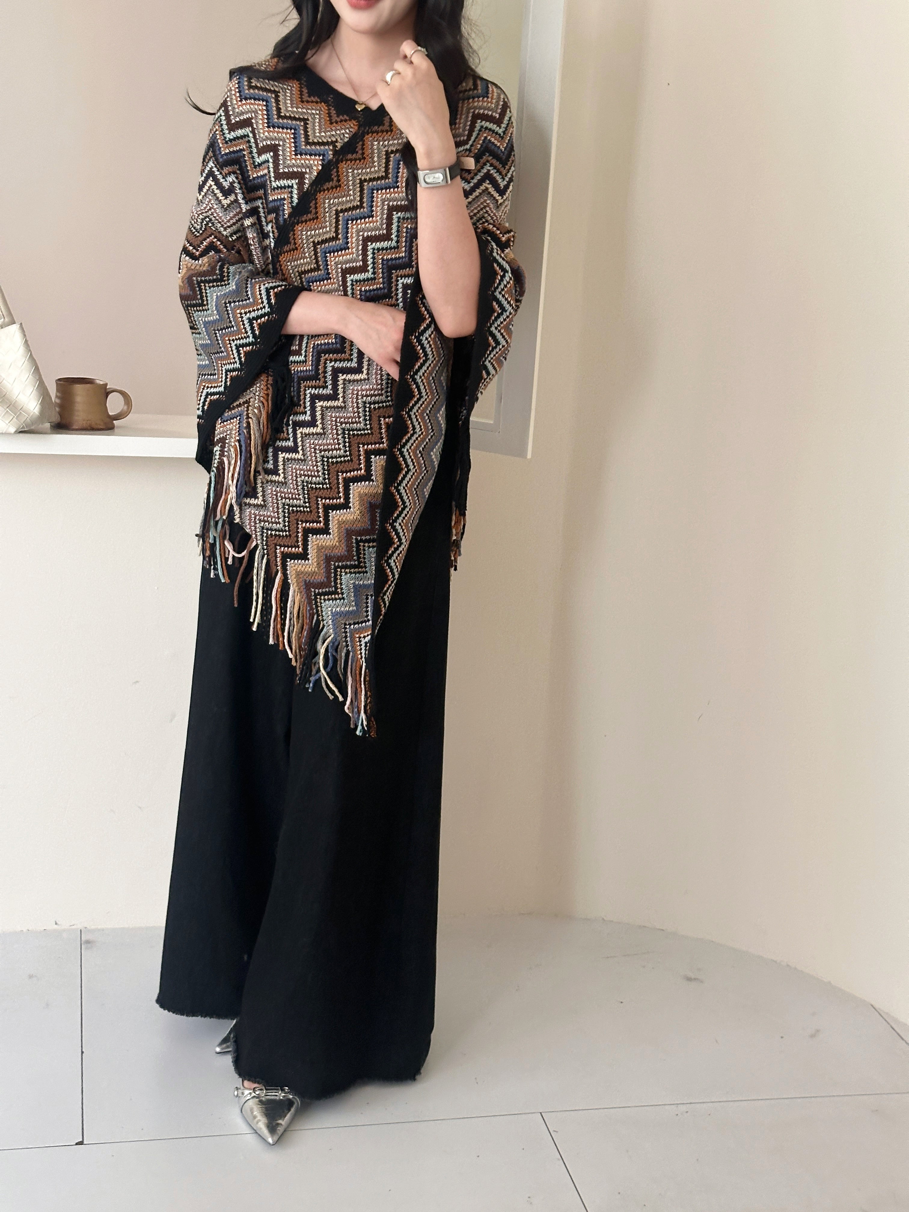 Kai Zig Zag Chevron Knitted Cape Brown