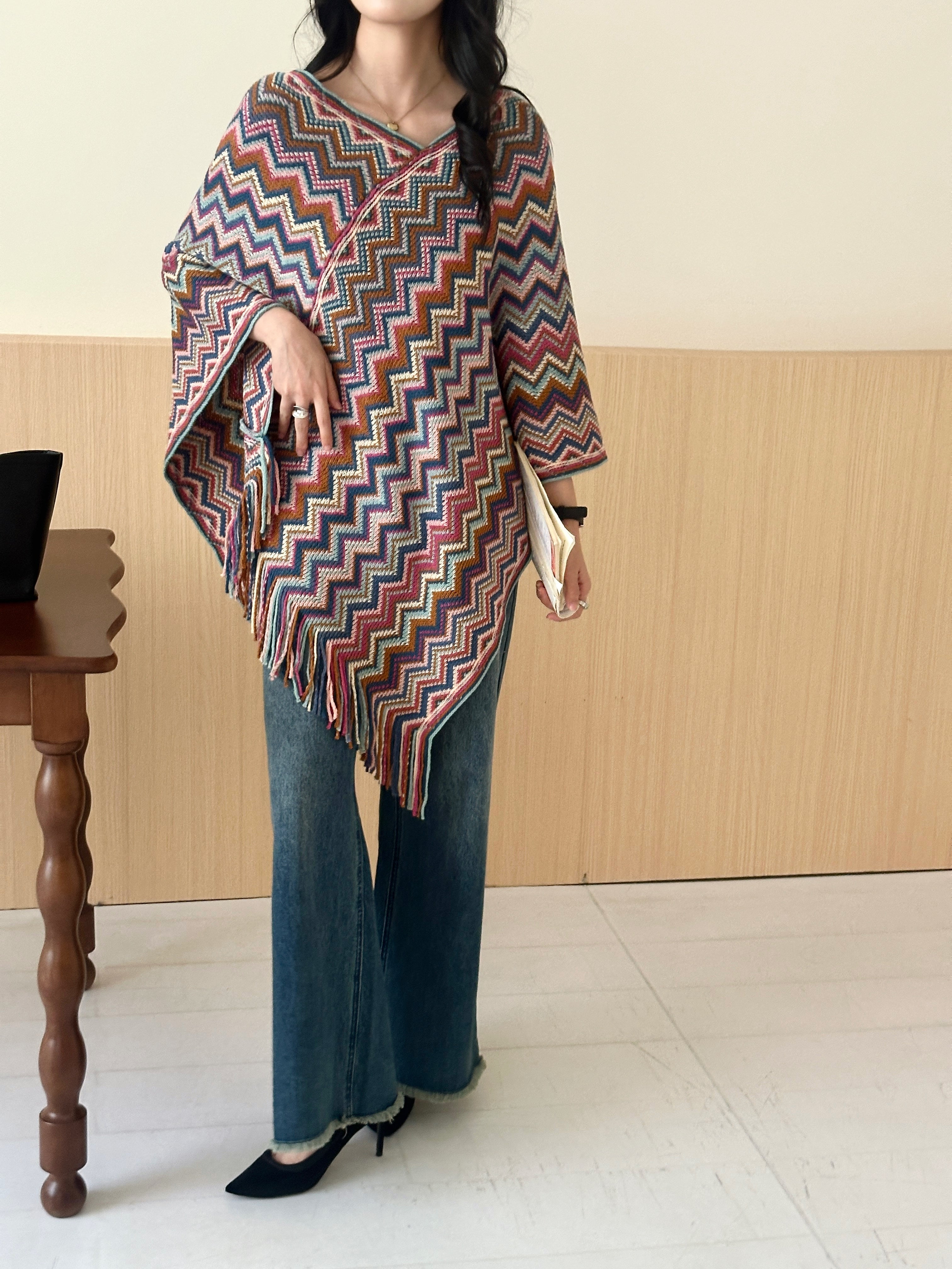 Kai Zig Zag Chevron Knitted Cape Blue