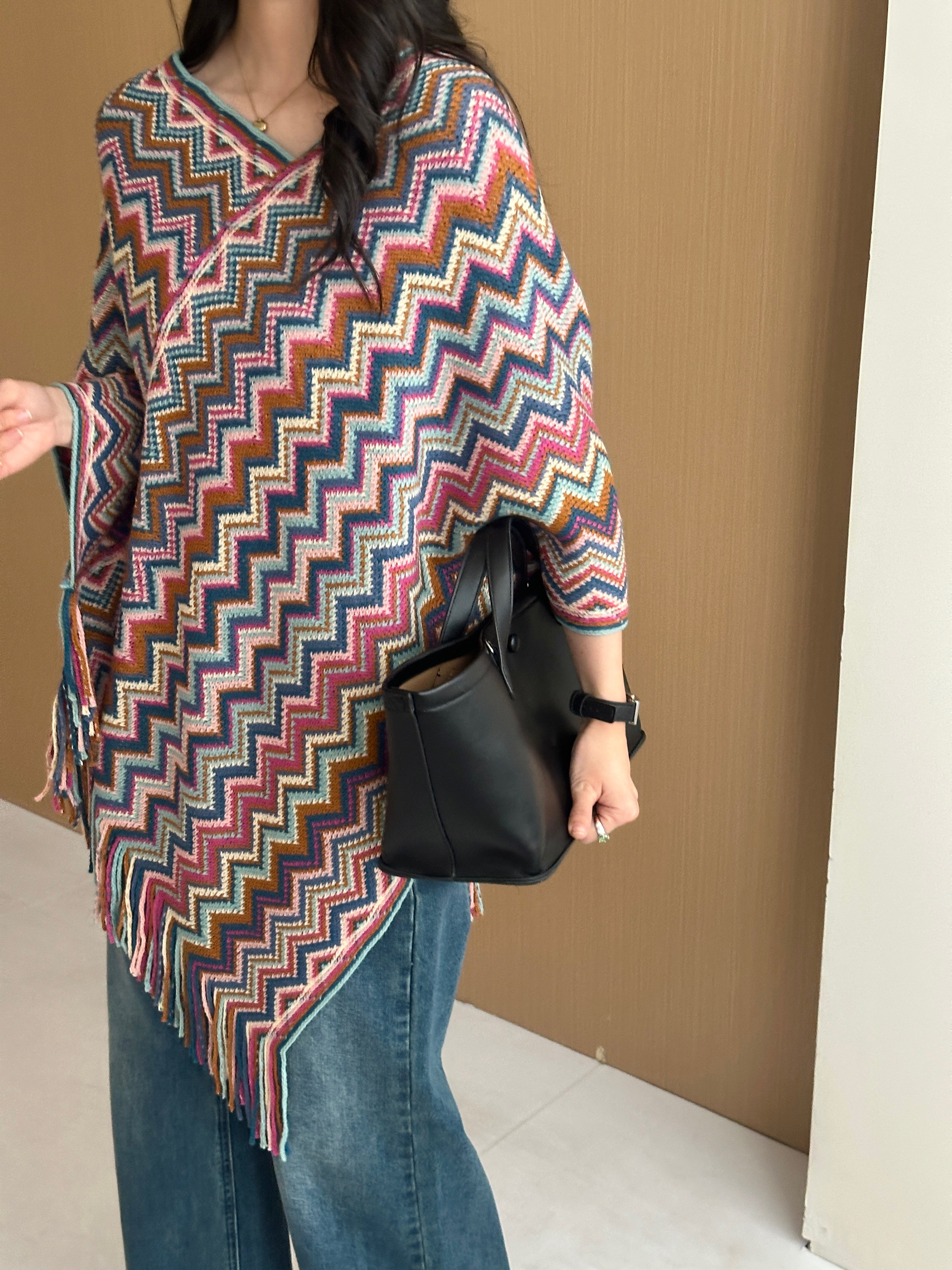 Kai Zig Zag Chevron Knitted Cape Blue