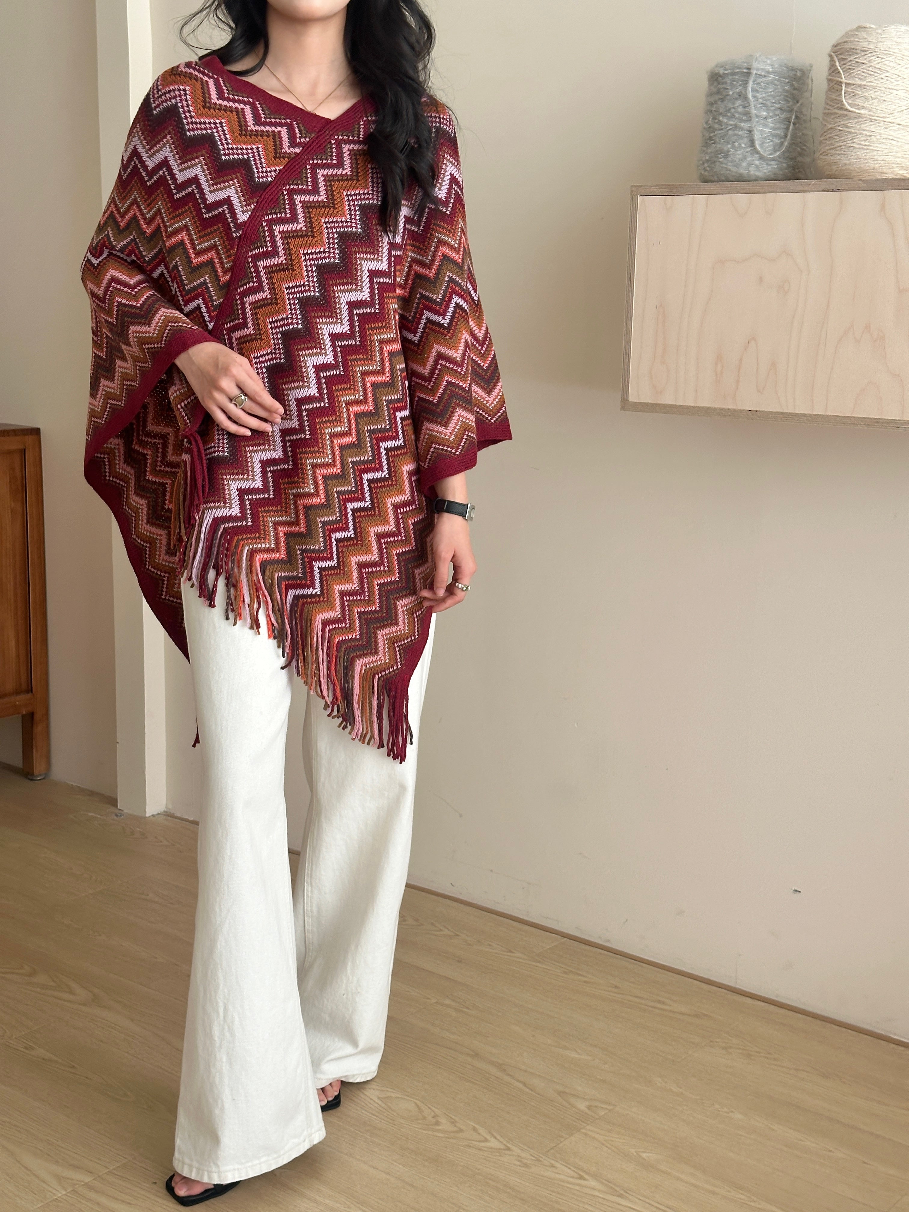 Kai Zig Zag Chevron Knitted Cape Red