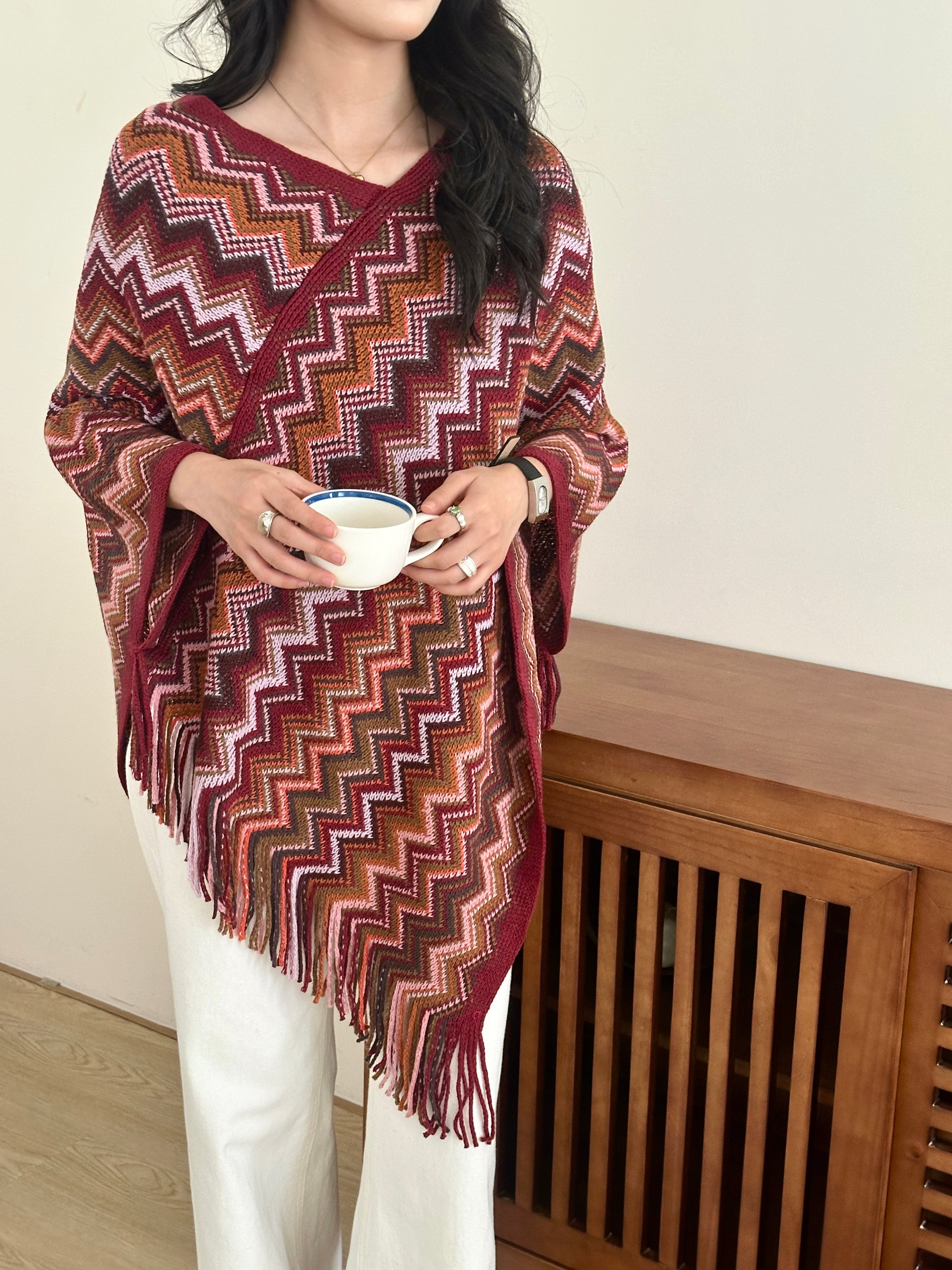 Kai Zig Zag Chevron Knitted Cape Red