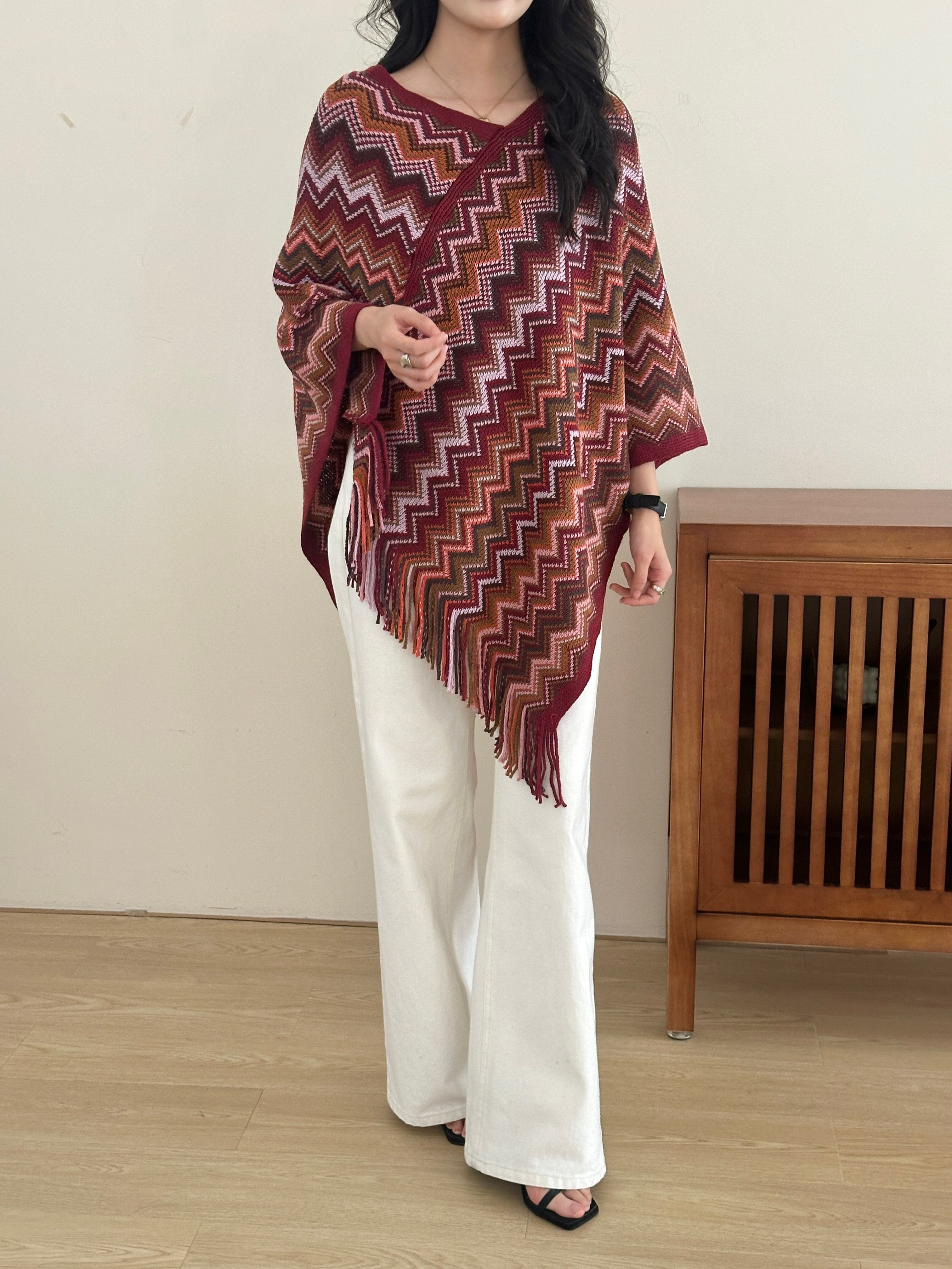 Kai Zig Zag Chevron Knitted Cape Red