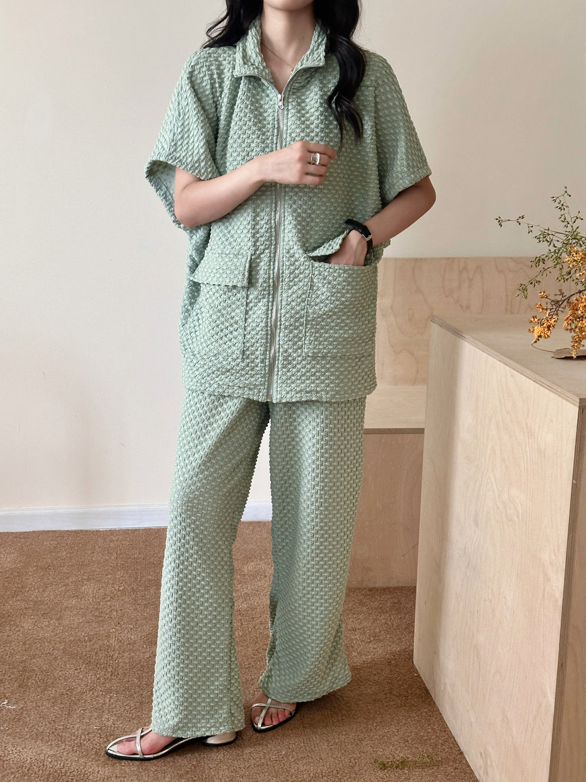 Naira Pistachio Textured Suit with Zipper