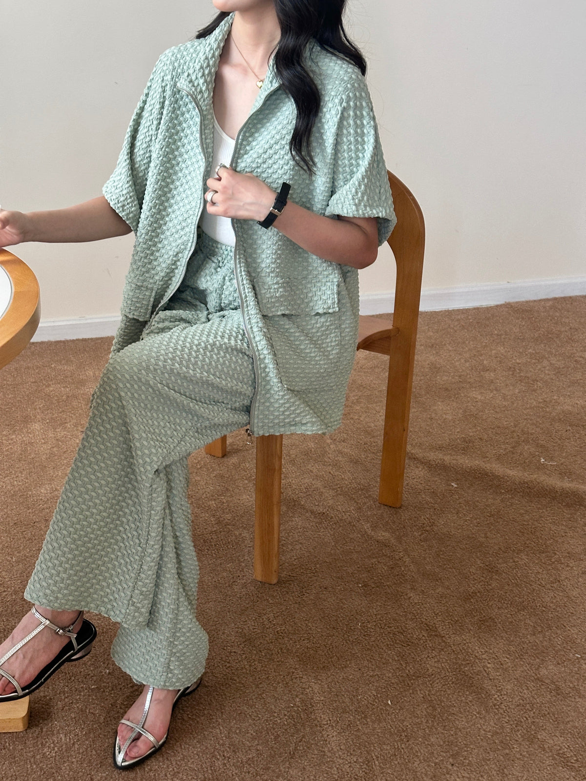 Naira Pistachio Textured Suit with Zipper
