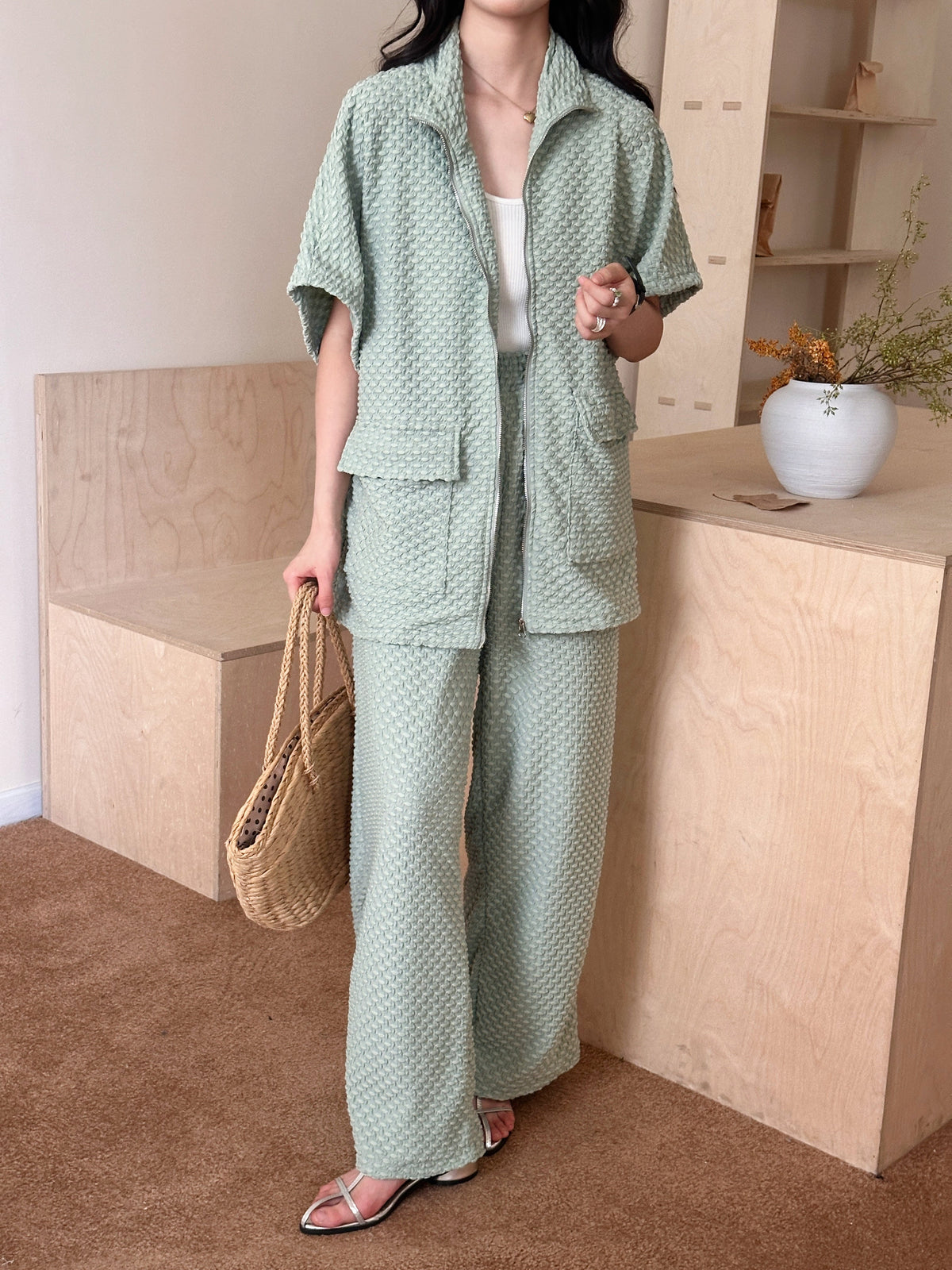 Naira Pistachio Textured Suit with Zipper