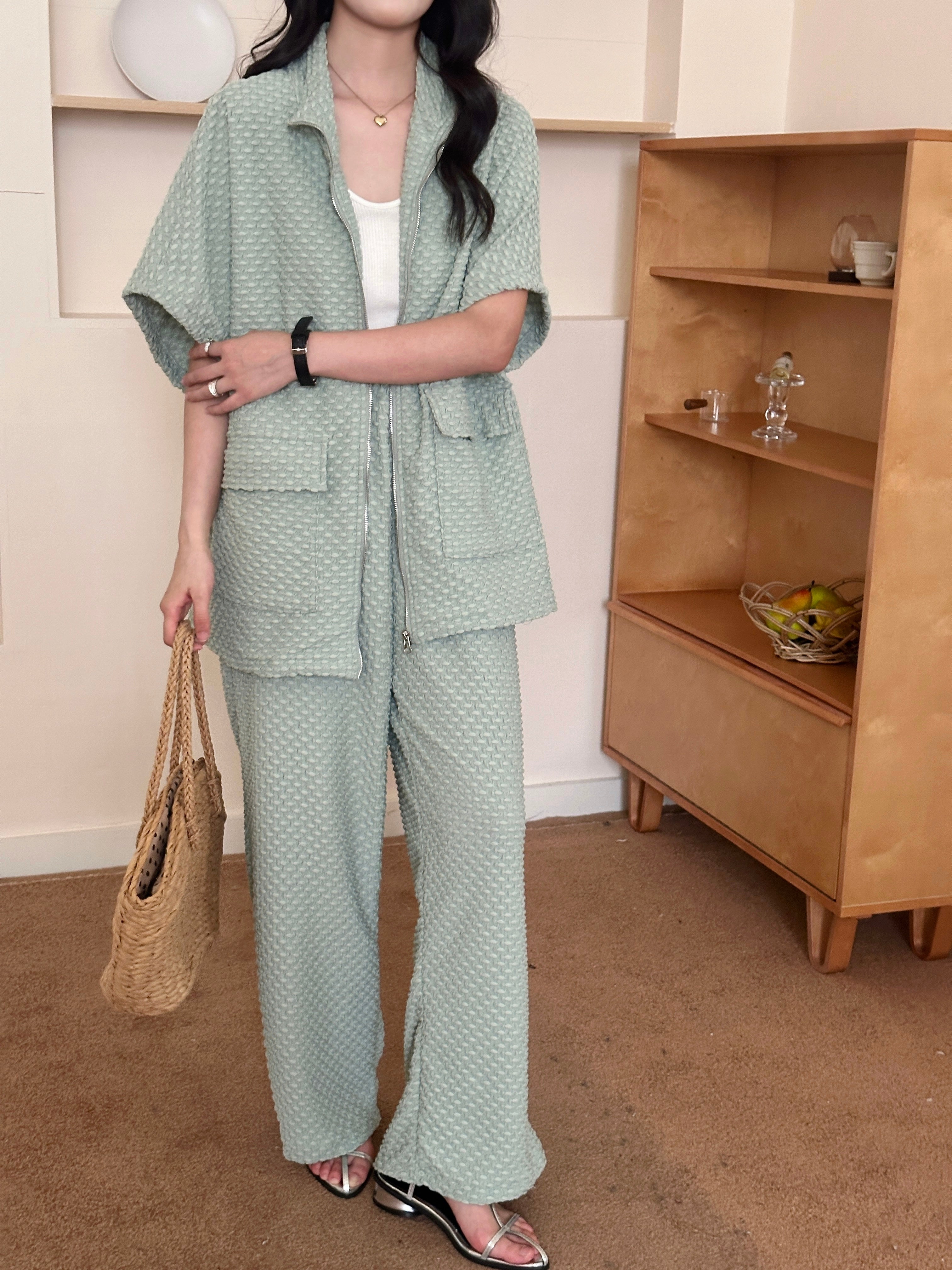 Naira Pistachio Textured Suit with Zipper