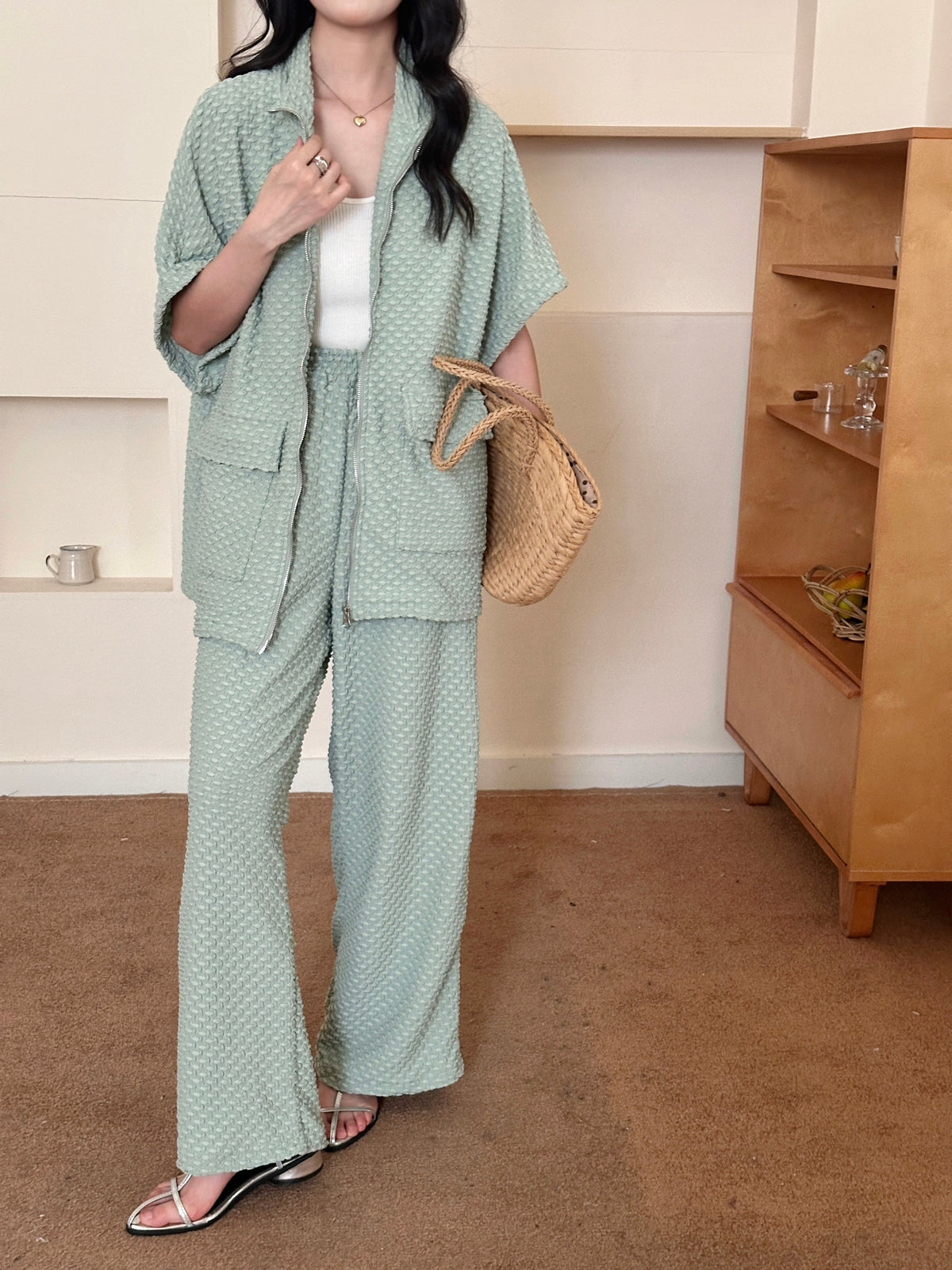 Naira Pistachio Textured Suit with Zipper