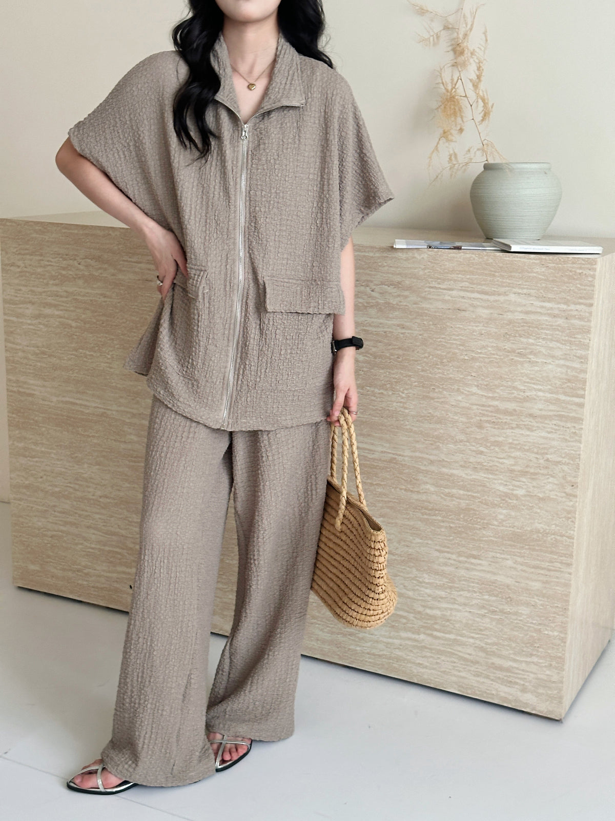 Roohi Mocca Mousse Textured Suit with Full Zipper