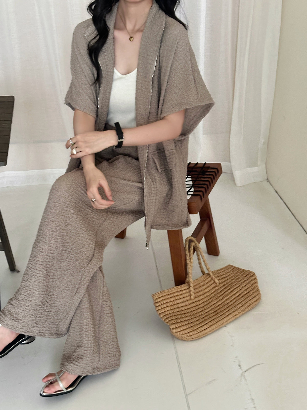 Roohi Mocca Mousse Textured Suit with Full Zipper