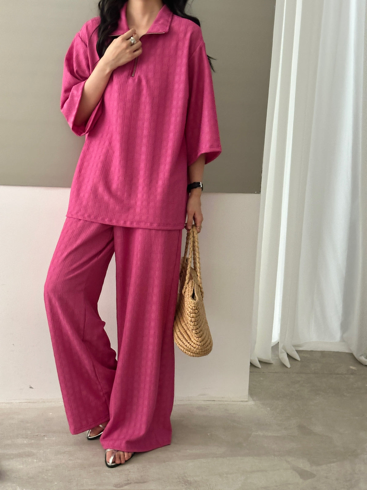 Raha Fuchsia Textured Suit with Zipper