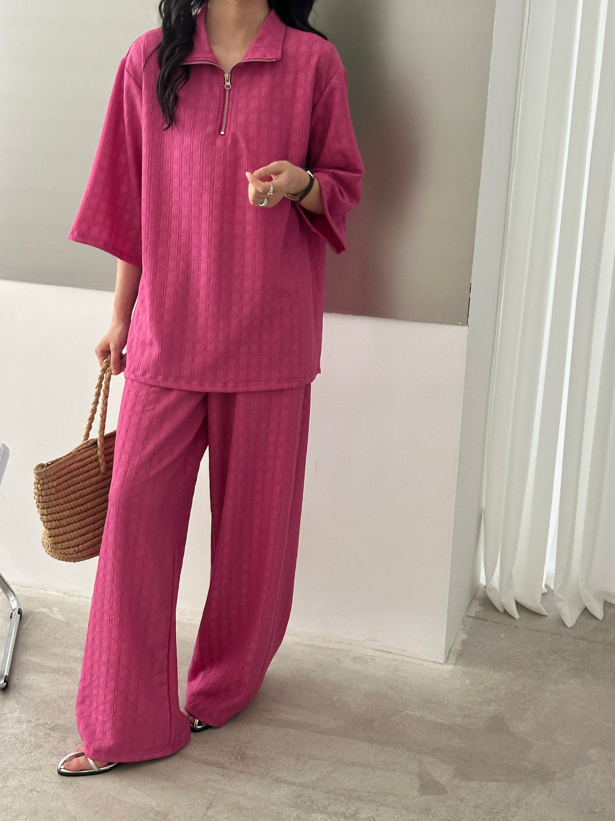 Raha Fuchsia Textured Suit with Zipper