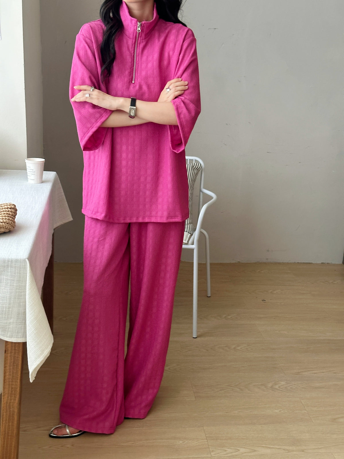 Raha Fuchsia Textured Suit with Zipper