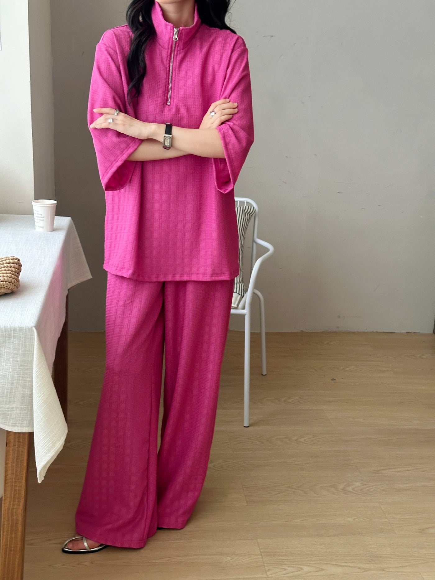 Raha Fuchsia Textured Suit With Zipper