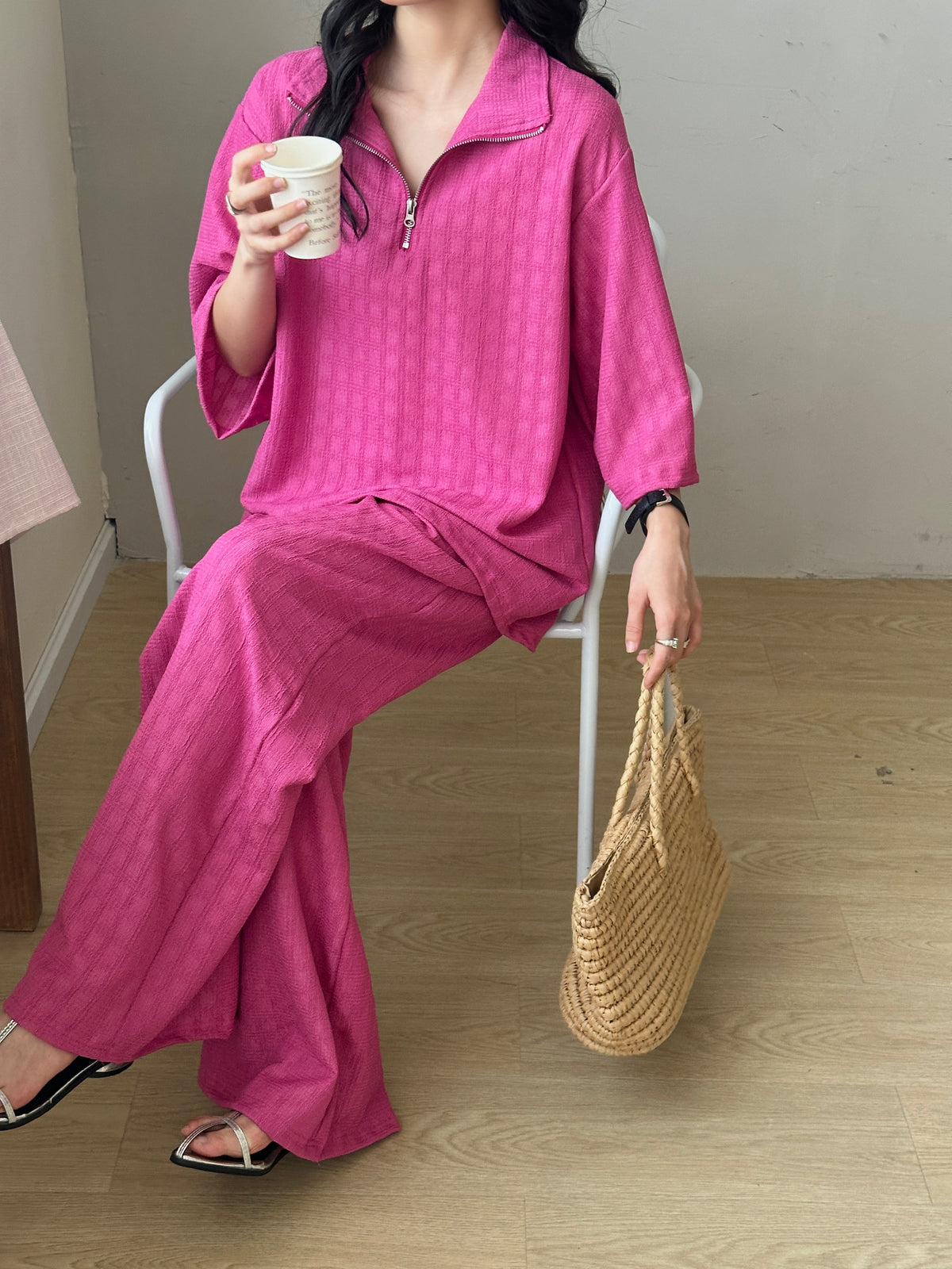 Raha Fuchsia Textured Suit with Zipper