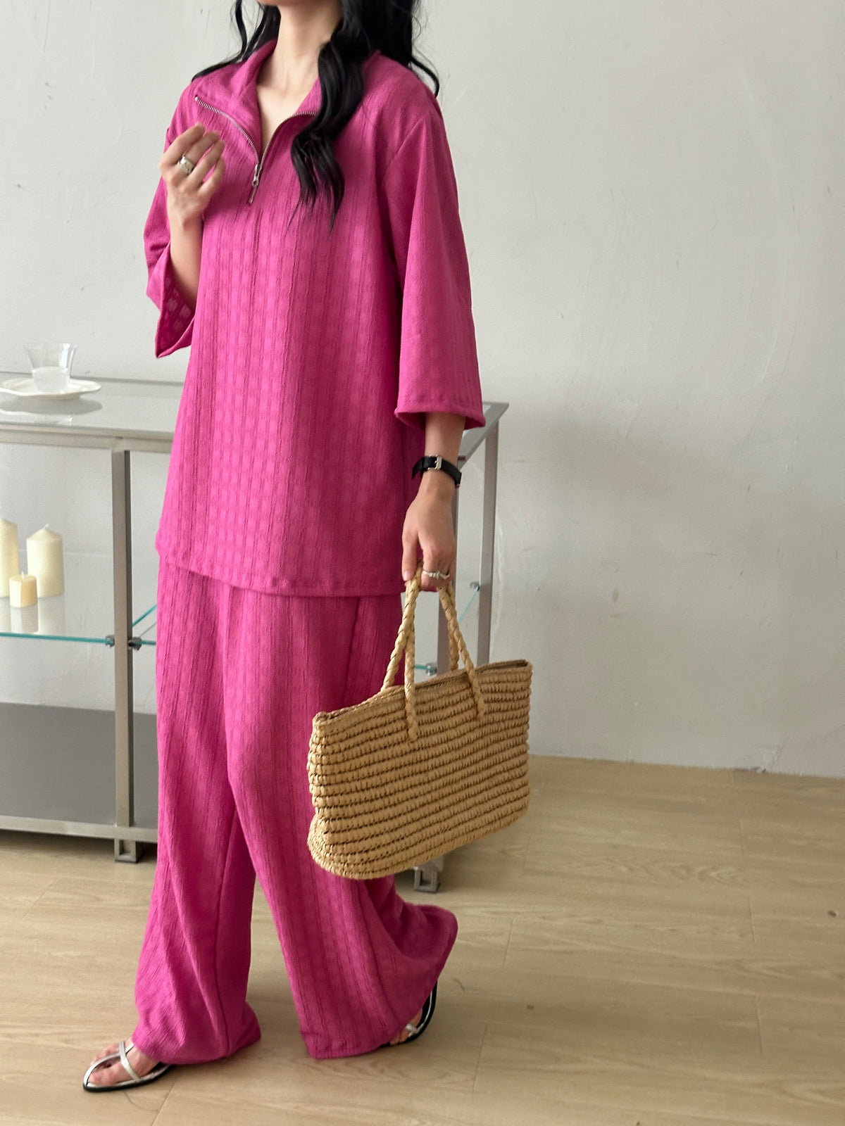 Raha Fuchsia Textured Suit with Zipper