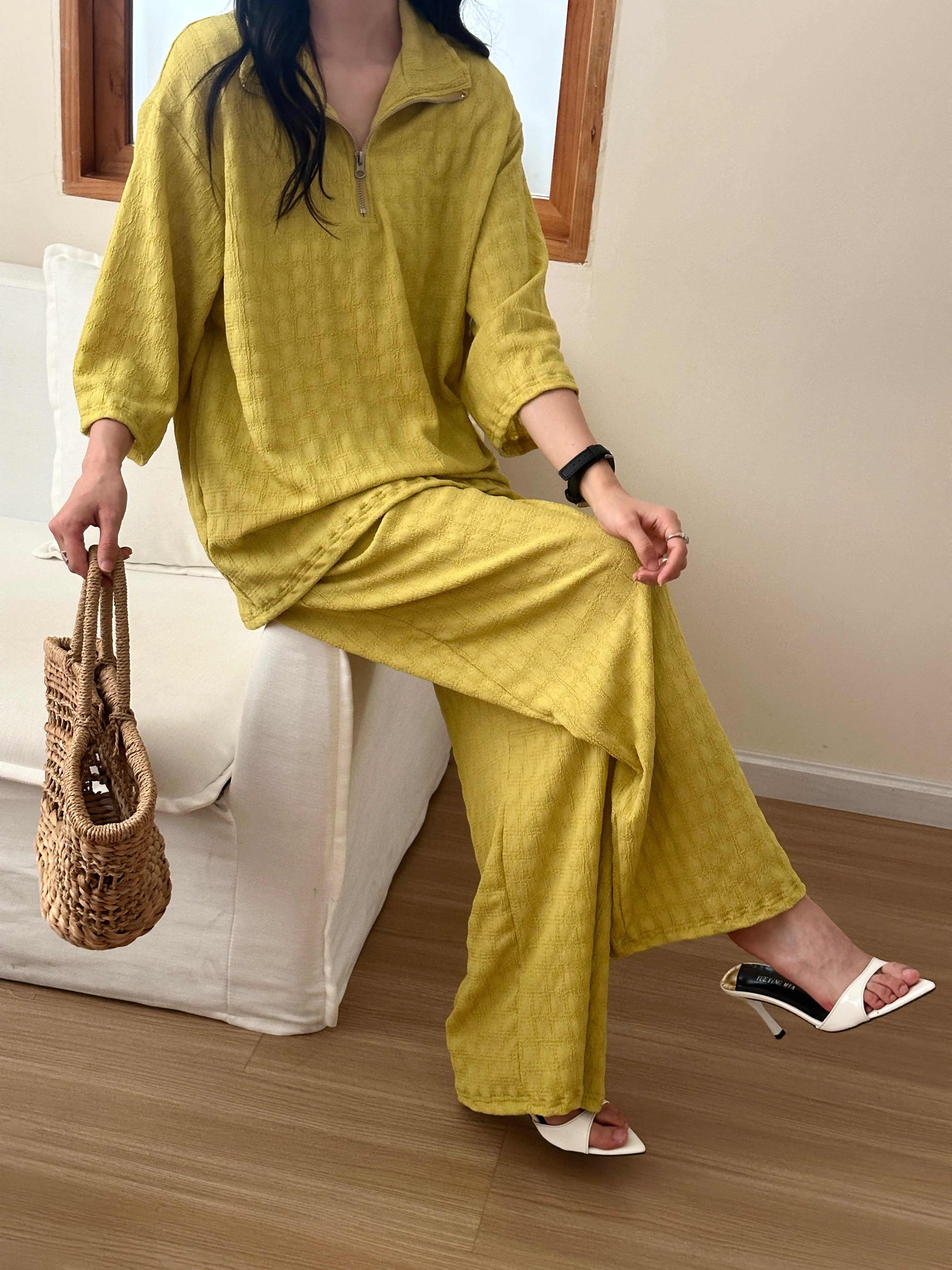 Raha Marigold Textured Suit with Zipper