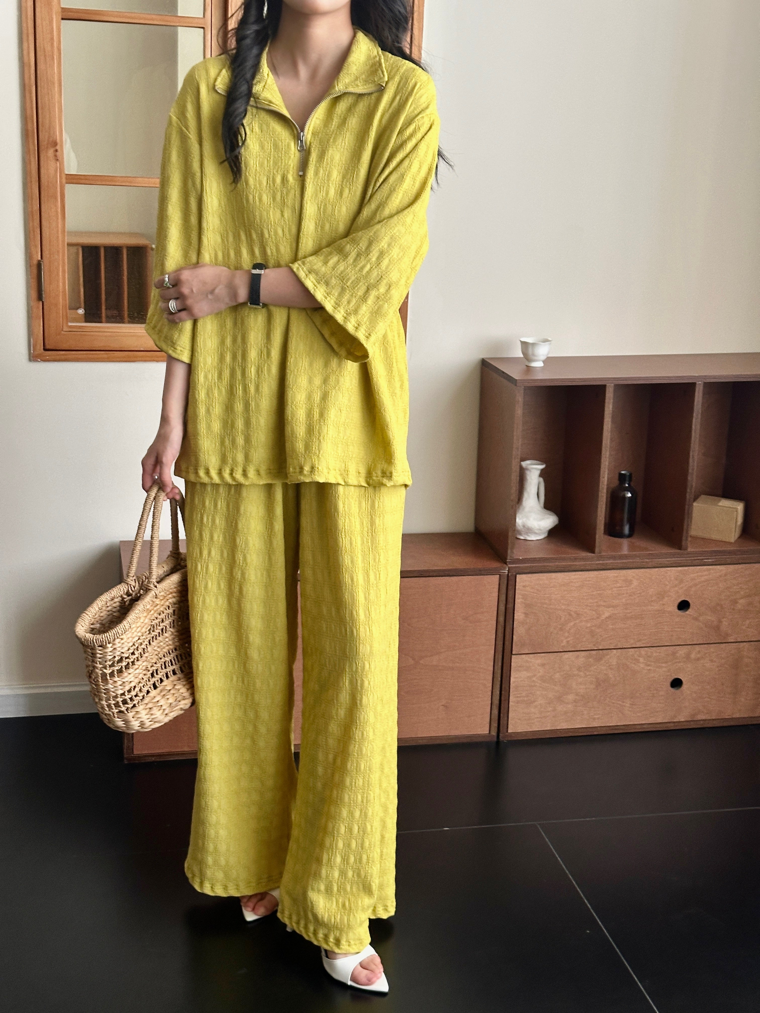 Raha Marigold Textured Suit with Zipper
