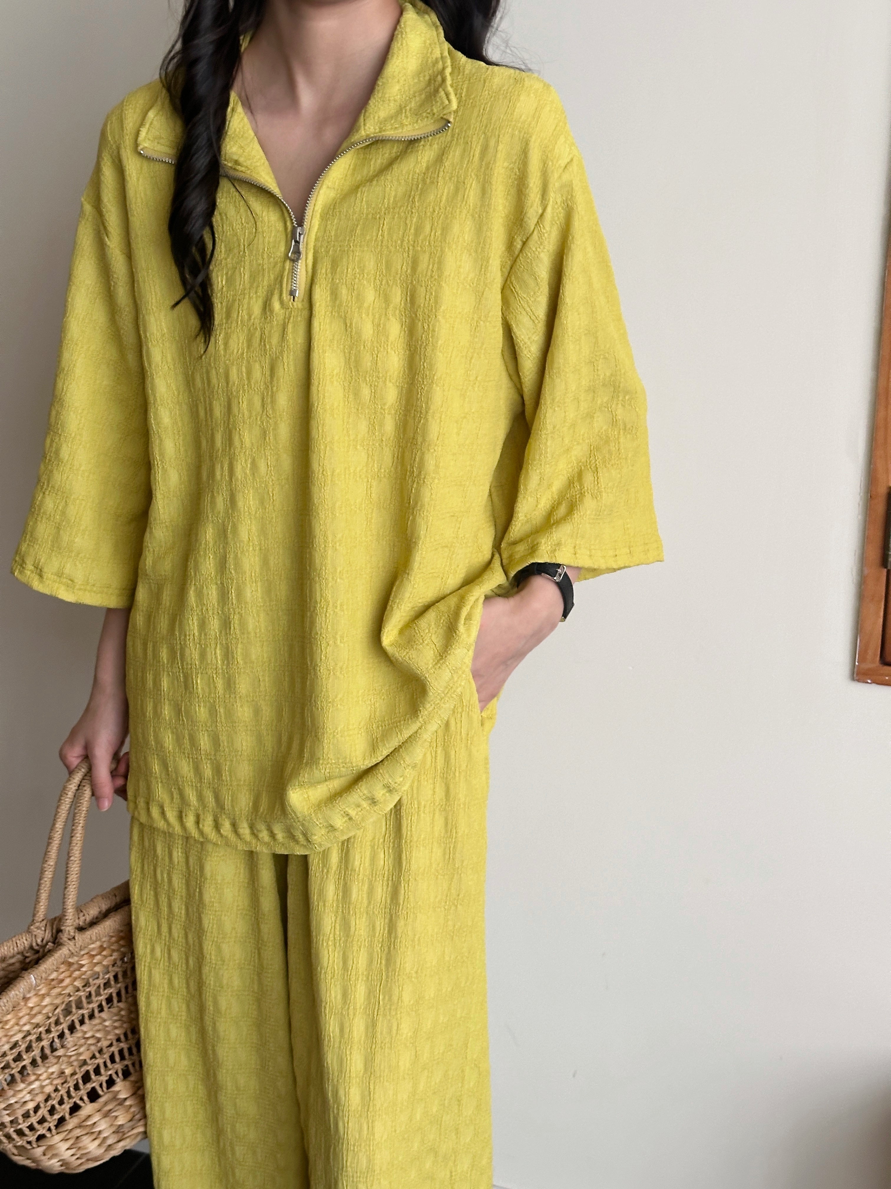 Raha Marigold Textured Suit with Zipper