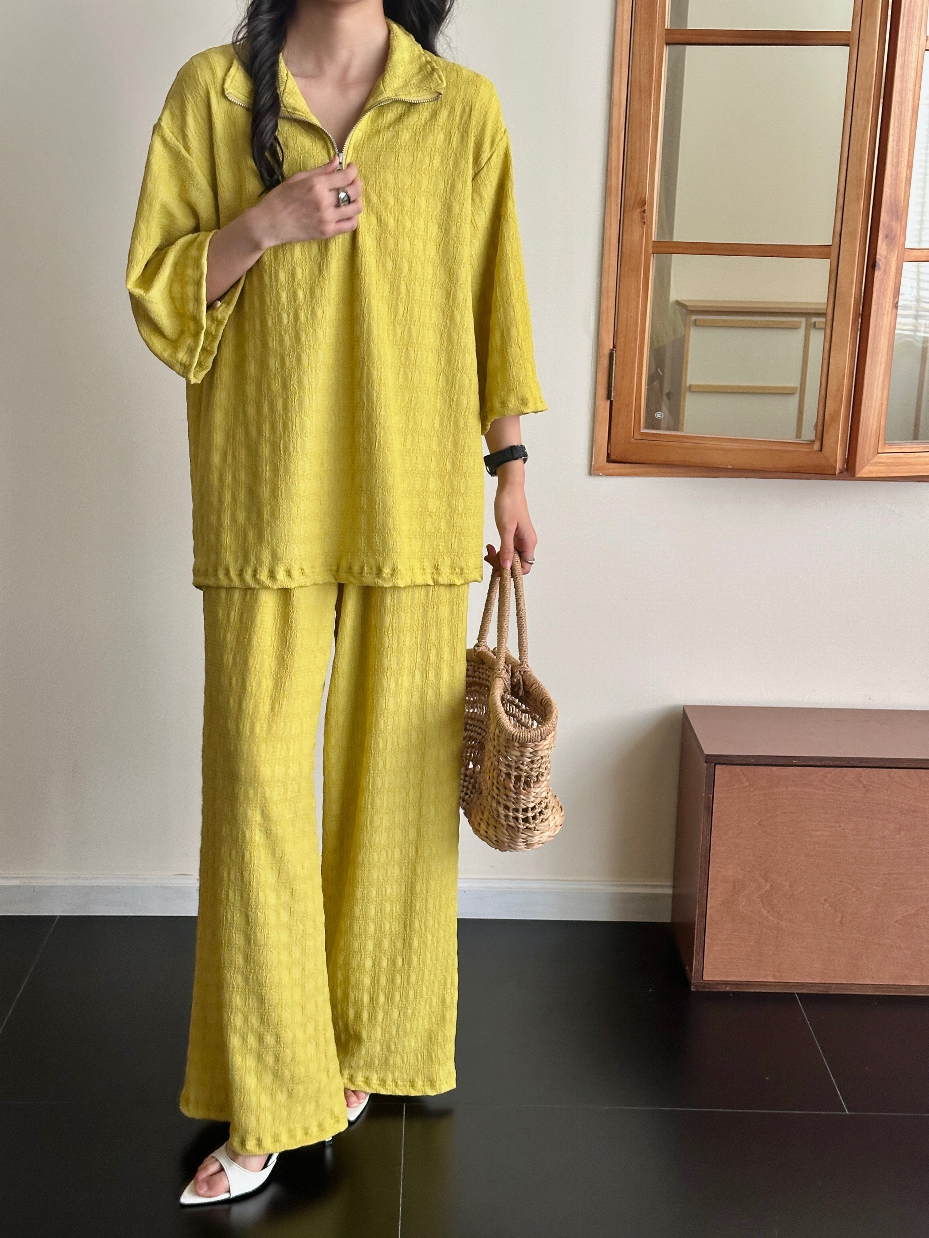 Raha Marigold Textured Suit with Zipper