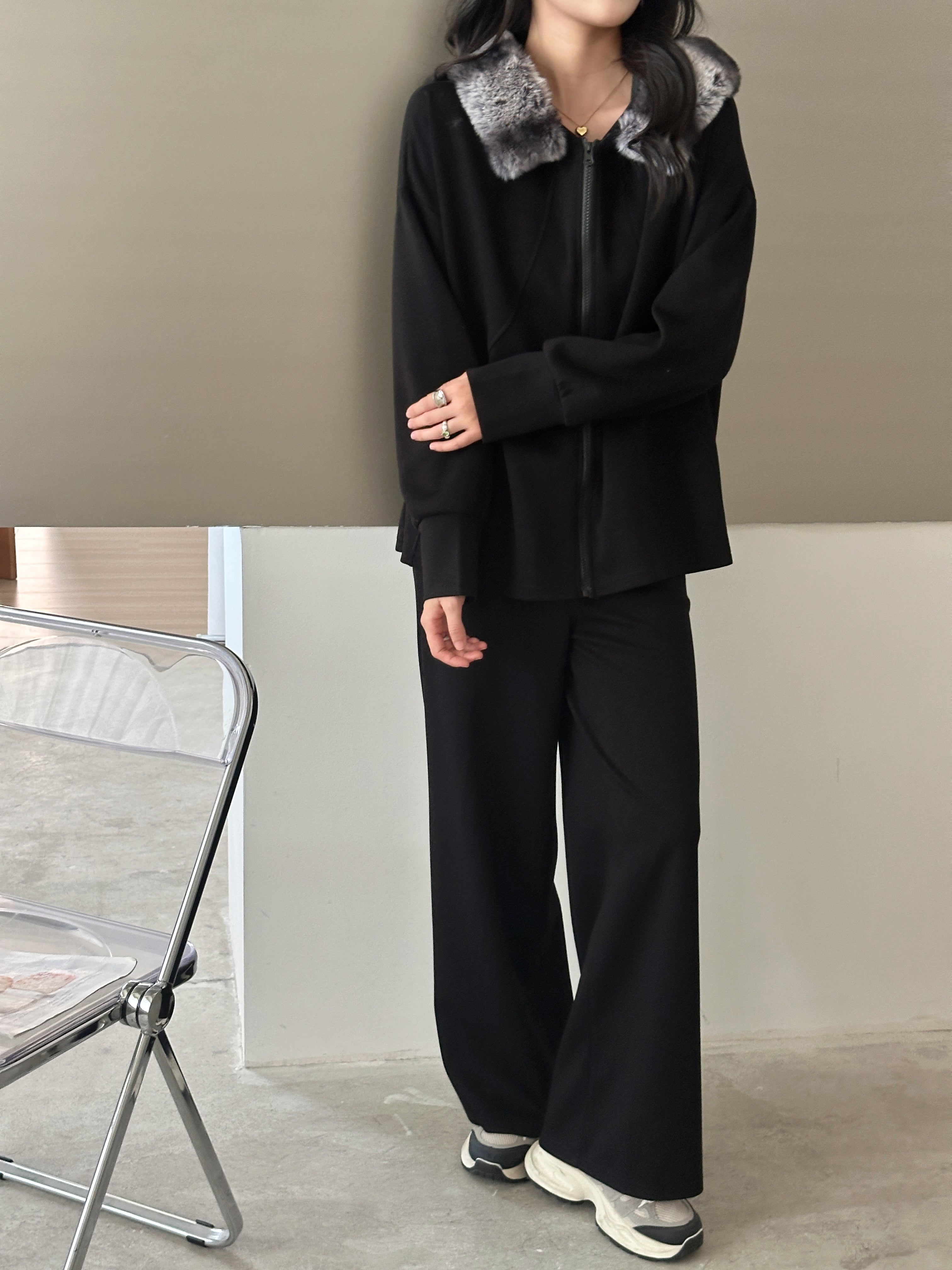 Erin Modal Suit Black with Faux Rabbit Hoodie