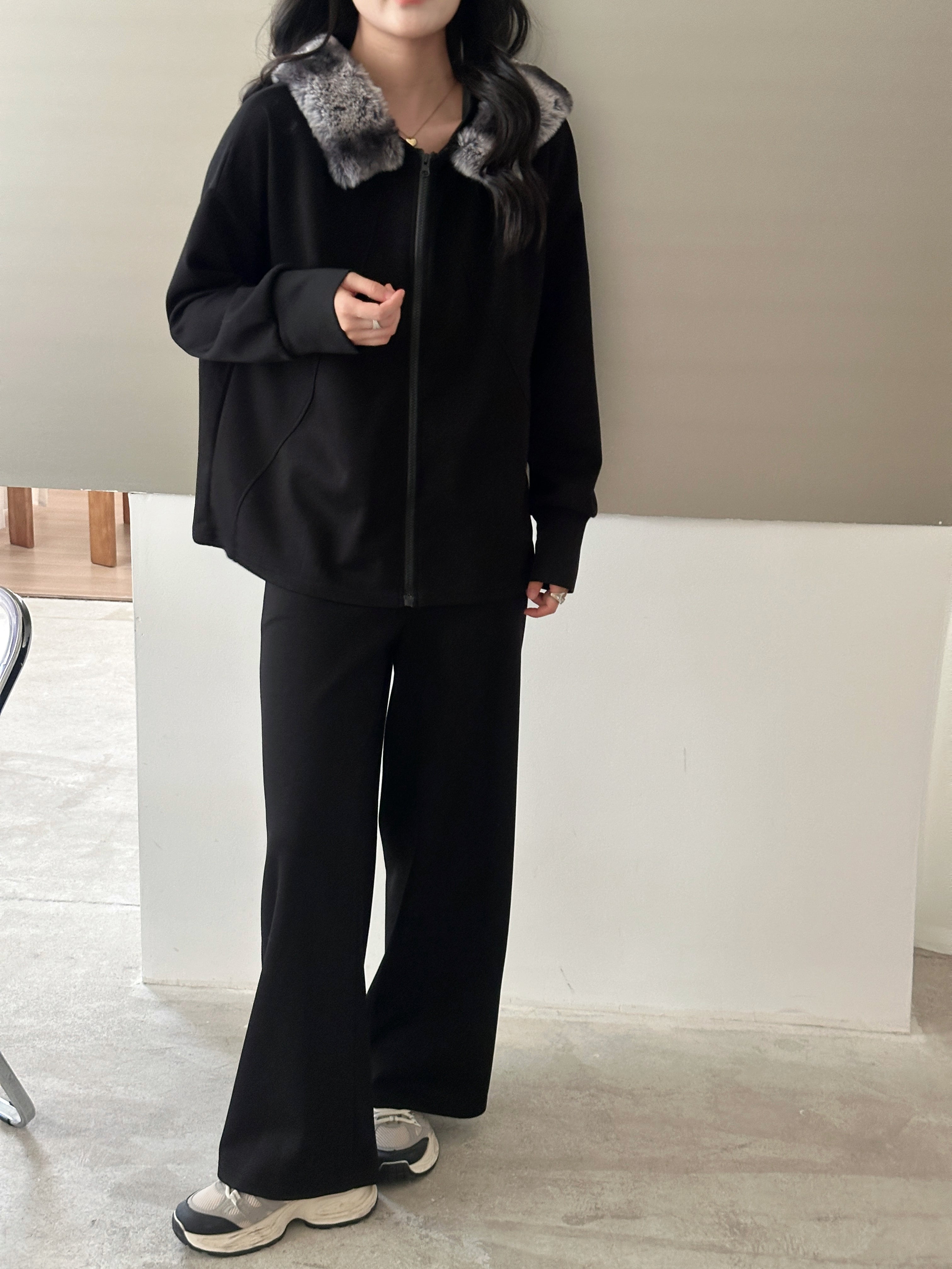 Erin Modal Suit Black with Faux Rabbit Hoodie