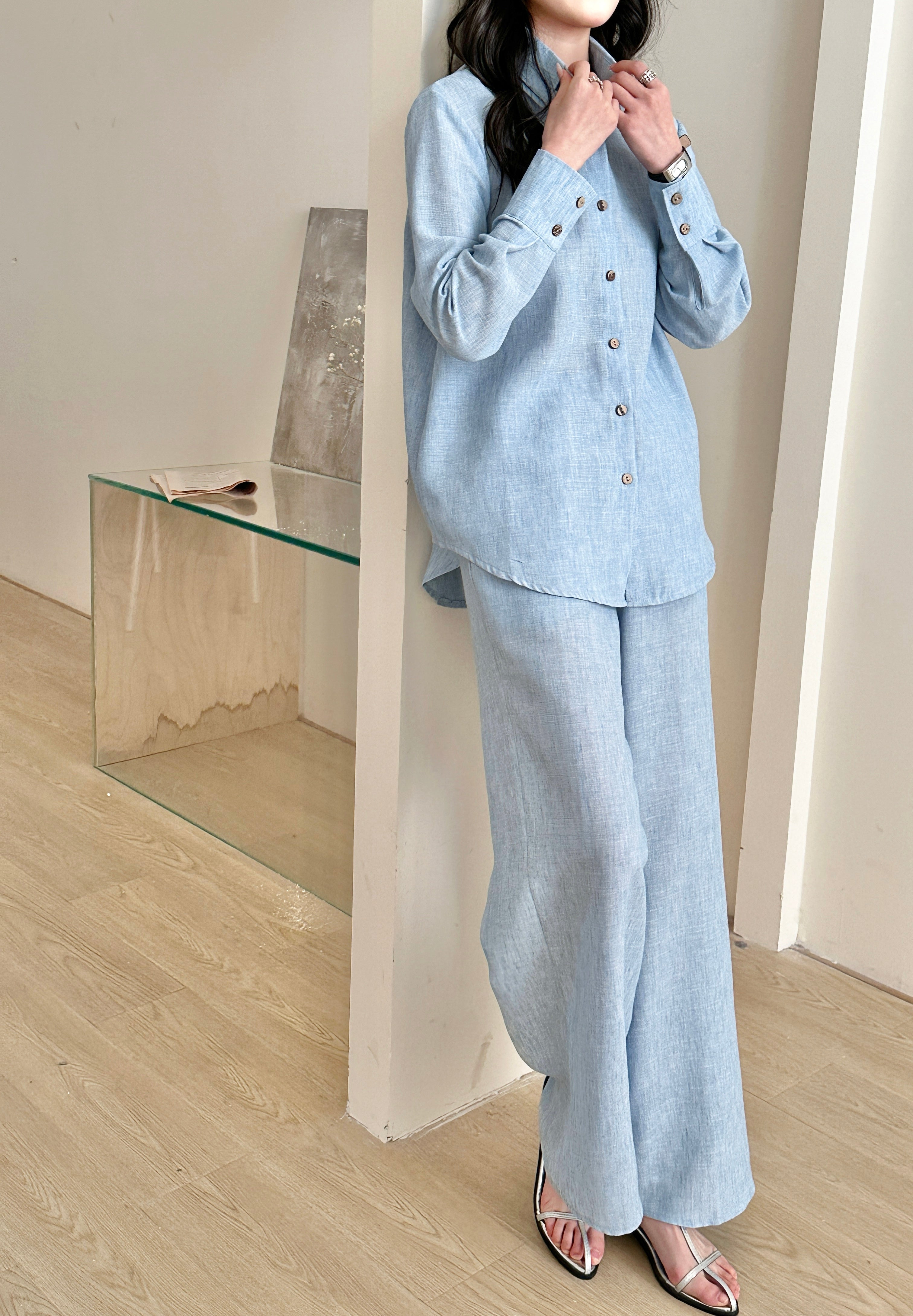 Panama Linen Suit with Buttons Sky blue