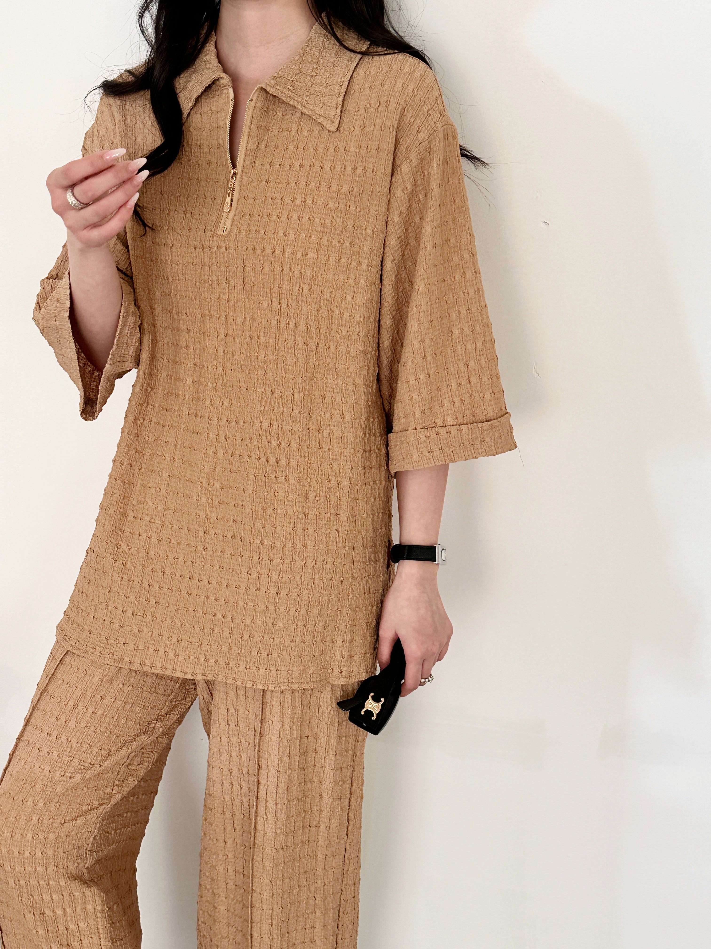 Kaya Textured Suit Beige with Zipper