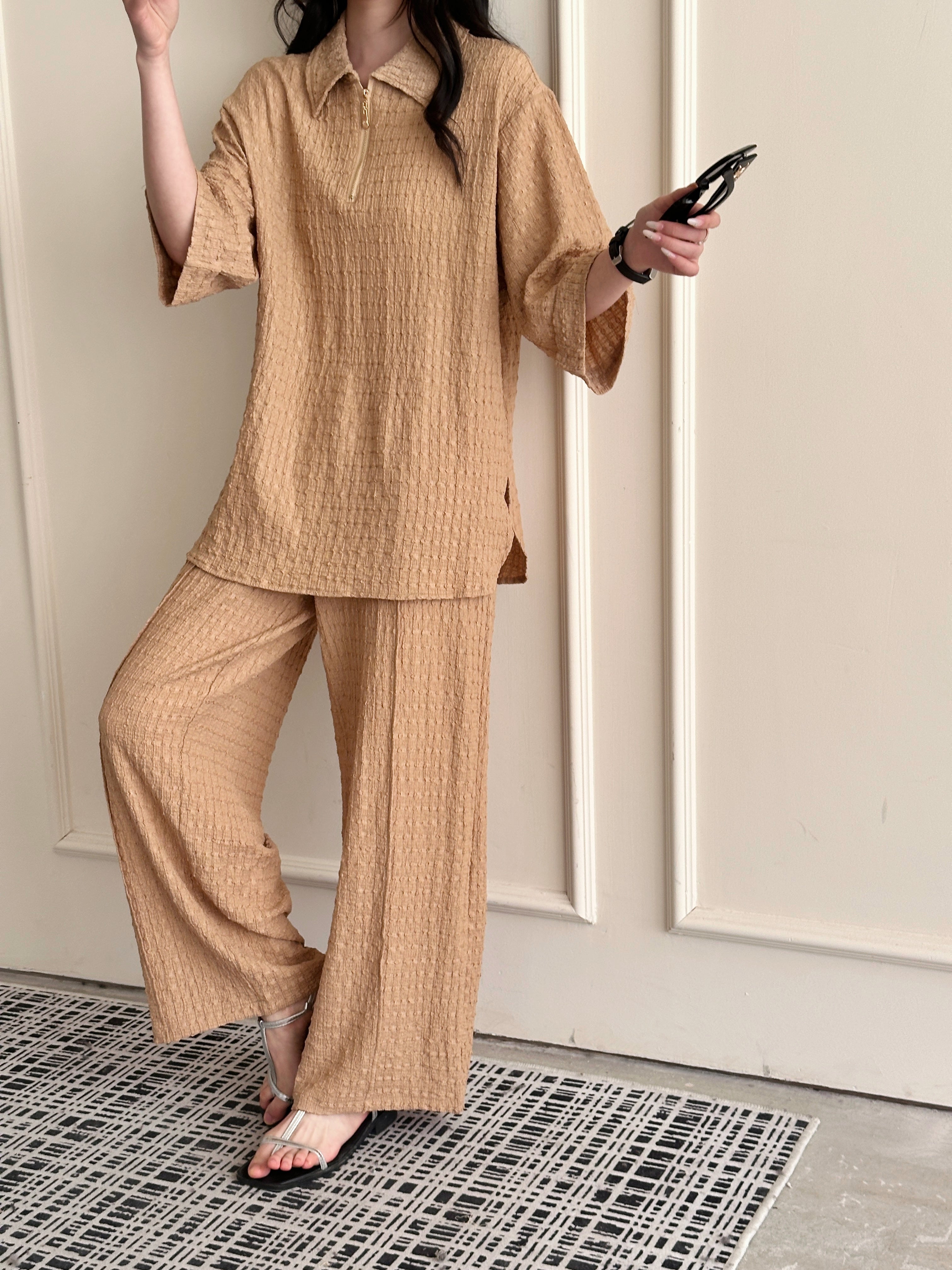 Kaya Textured Suit Beige with Zipper