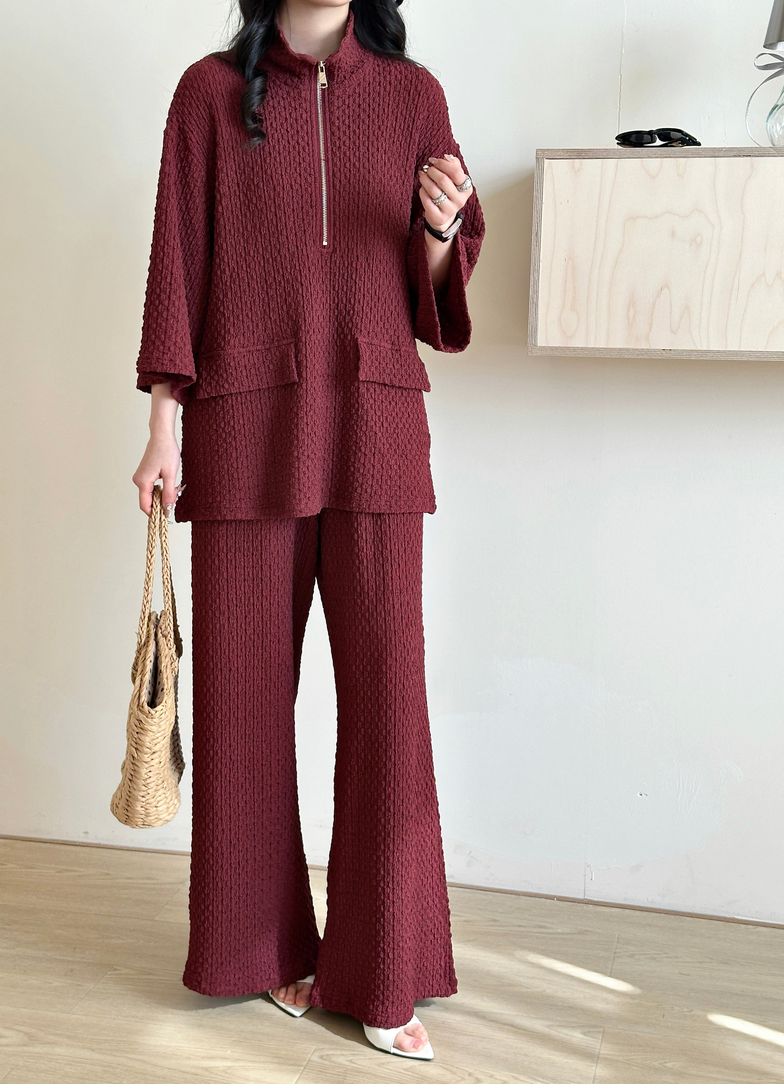 Lira Burgundy Textured Suit with Zipper