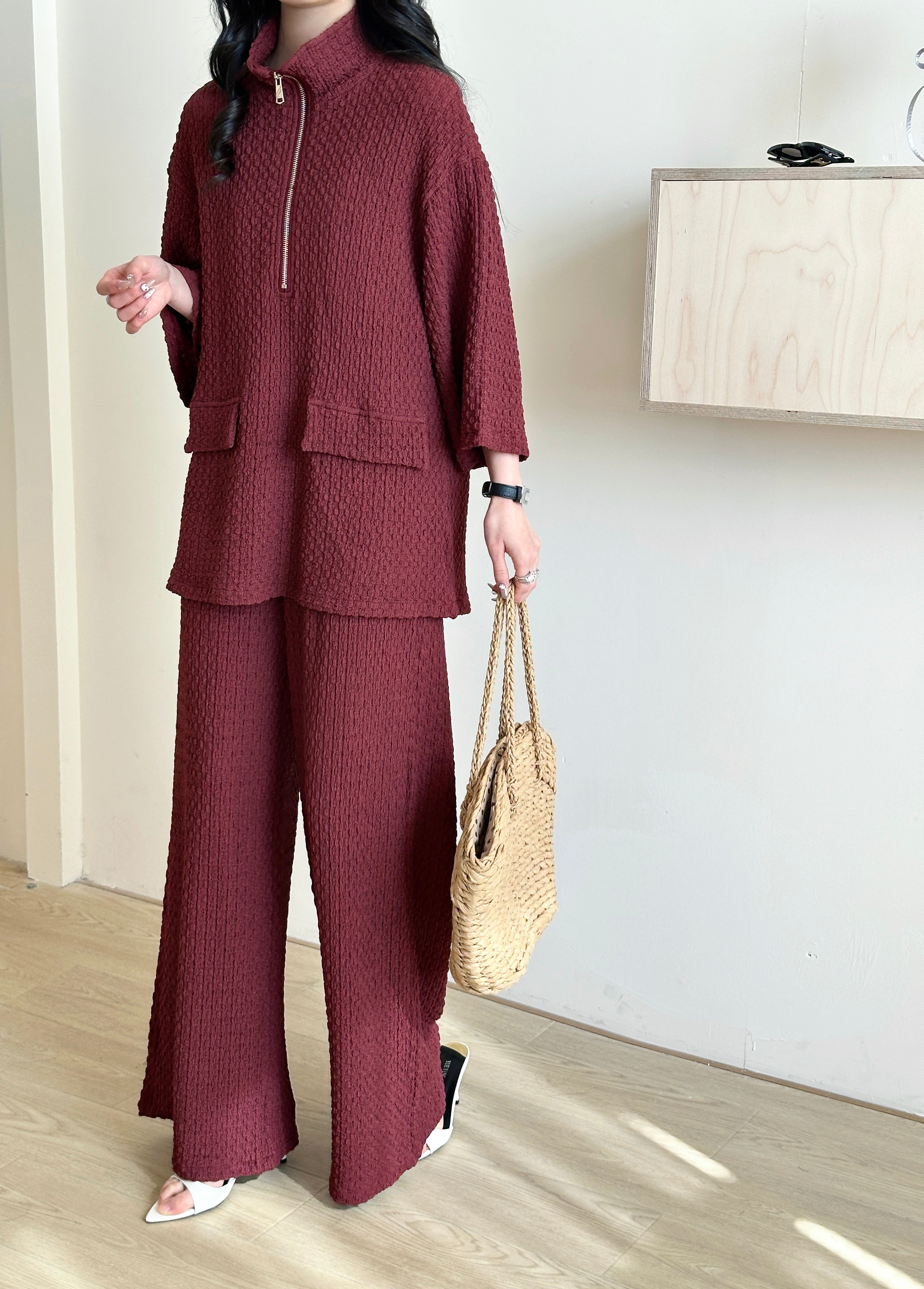 Lira Burgundy Textured Suit with Zipper