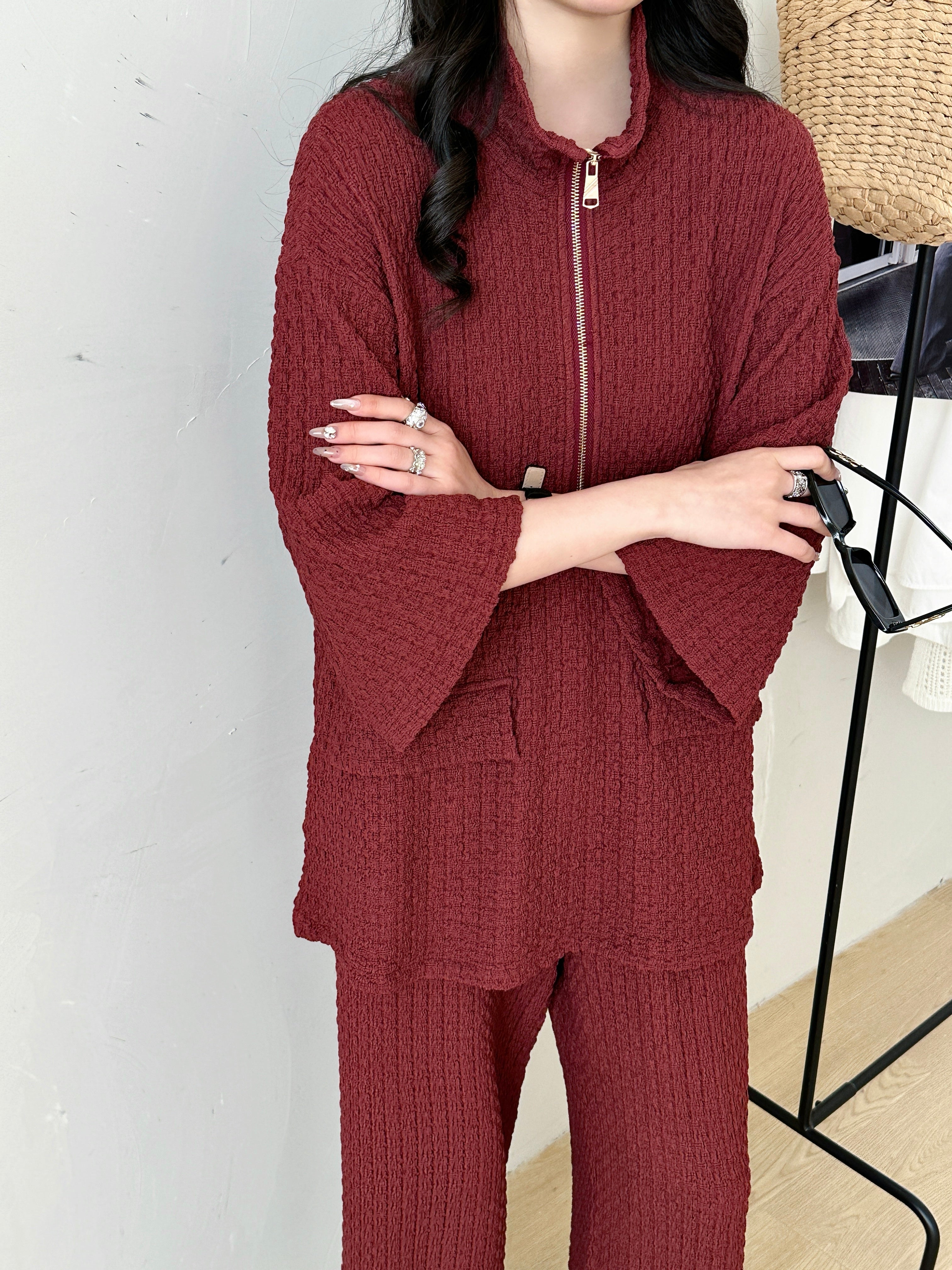 Lira Burgundy Textured Suit with Zipper