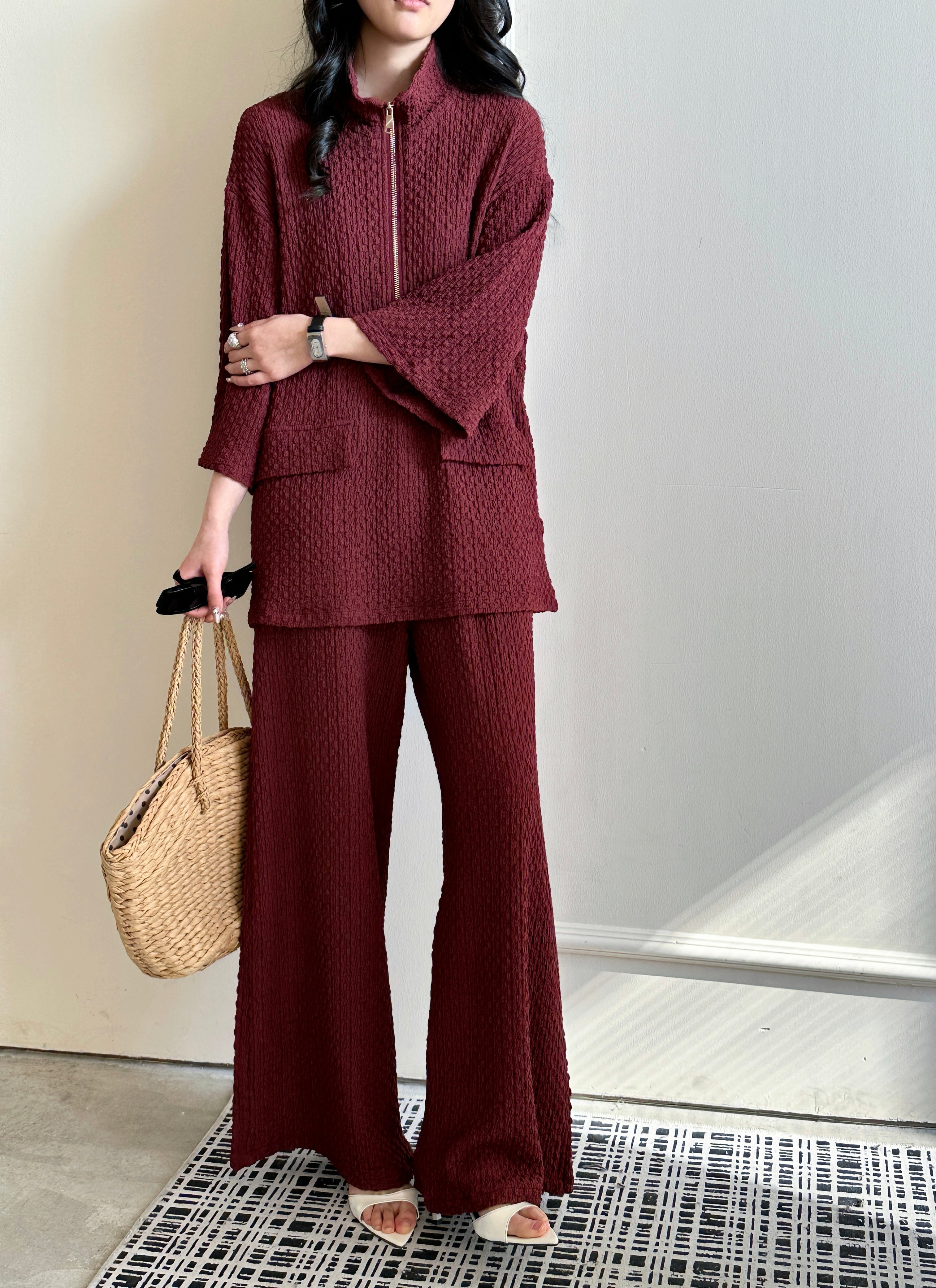 Lira Burgundy Textured Suit with Zipper