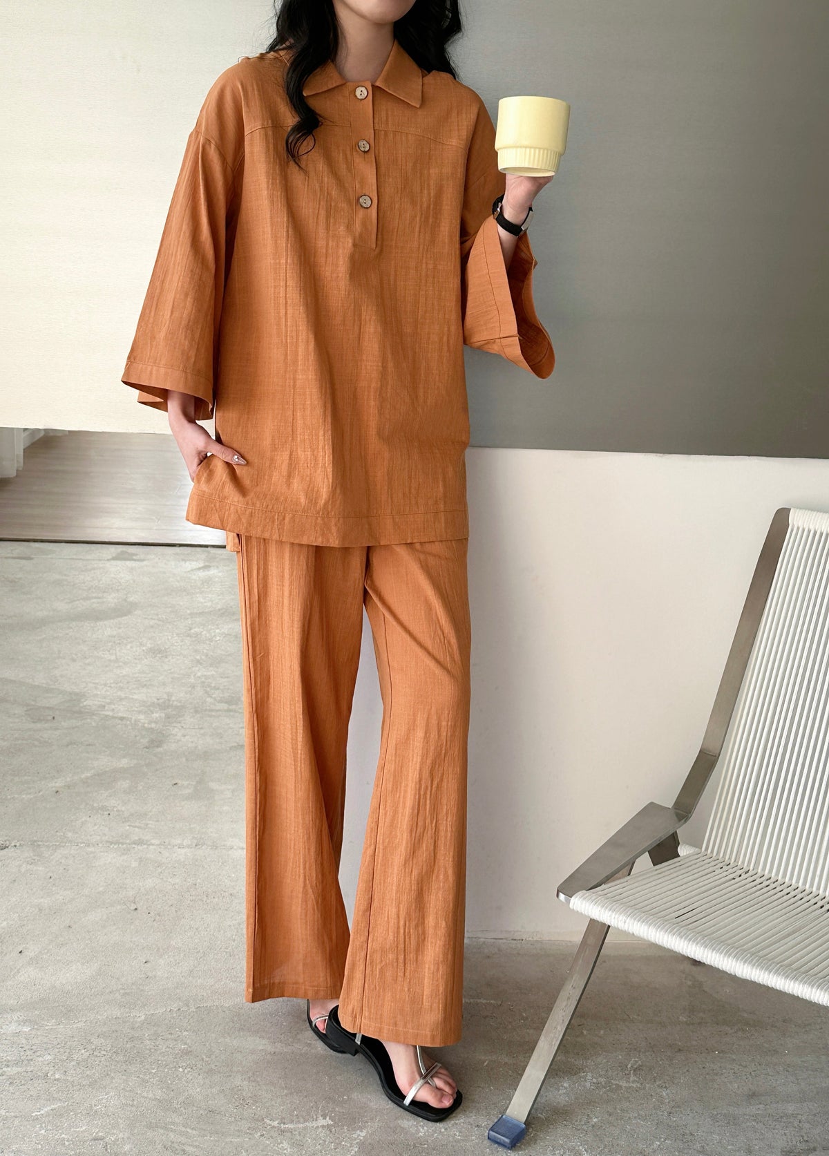 Liggi Crinkled Cotton Linen Set Rust