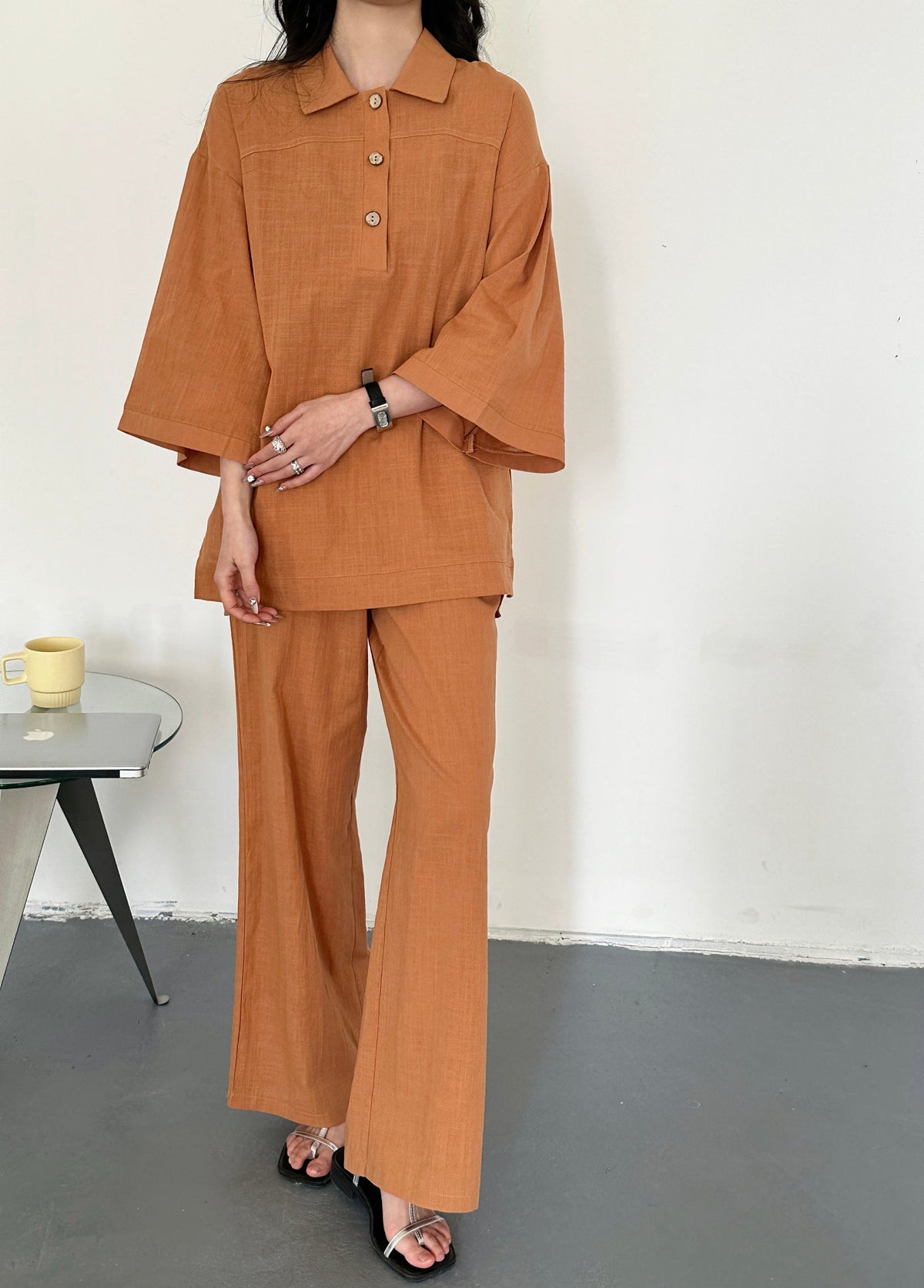 Liggi Crinkled Cotton Linen Set Rust