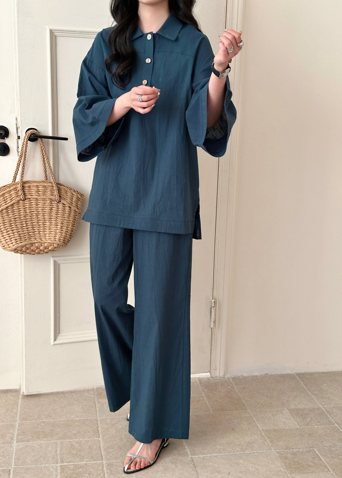 Liggi Cotton Linen Textured Set Dark Teal