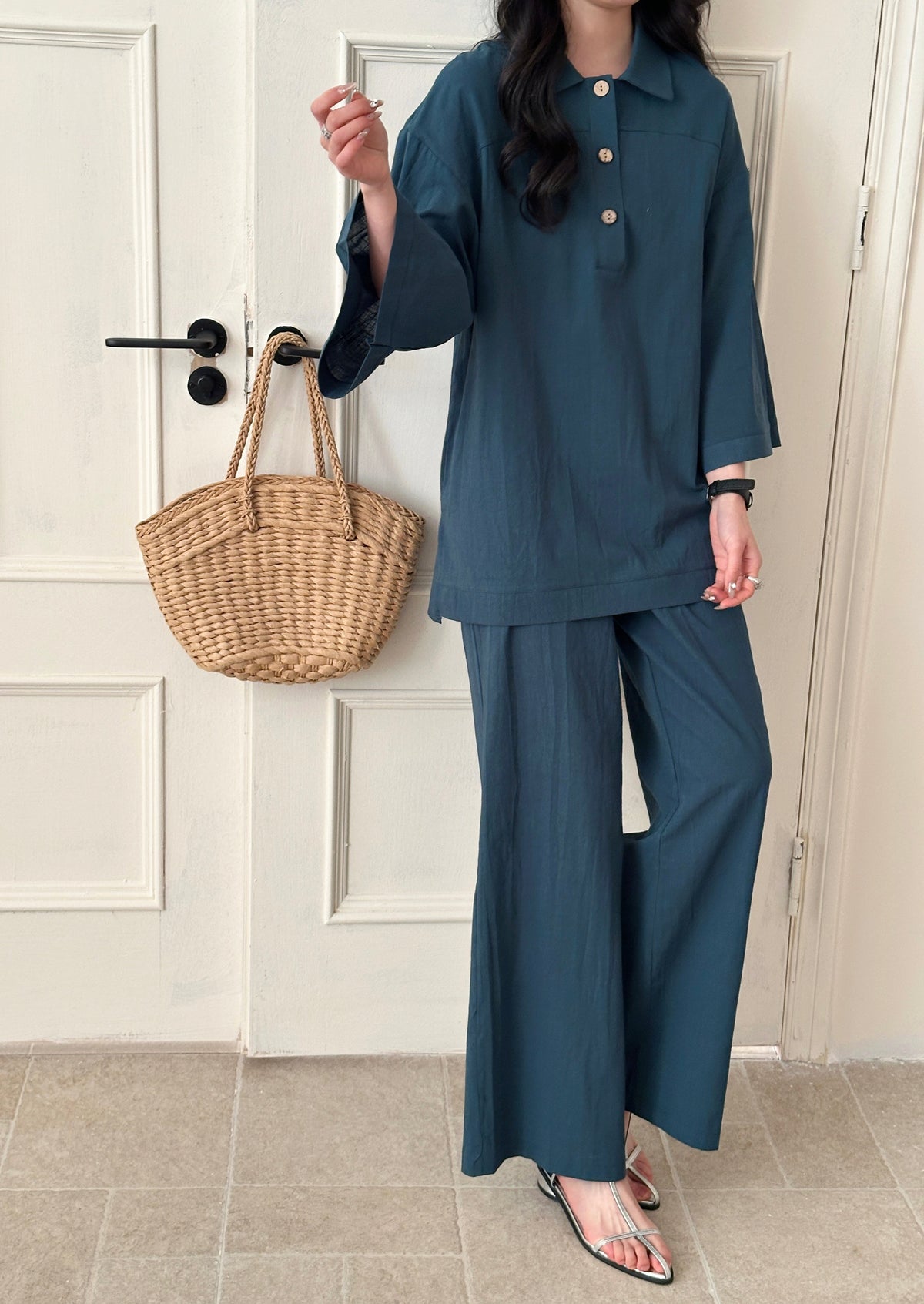 Liggi Cotton Linen Textured Set Dark Teal