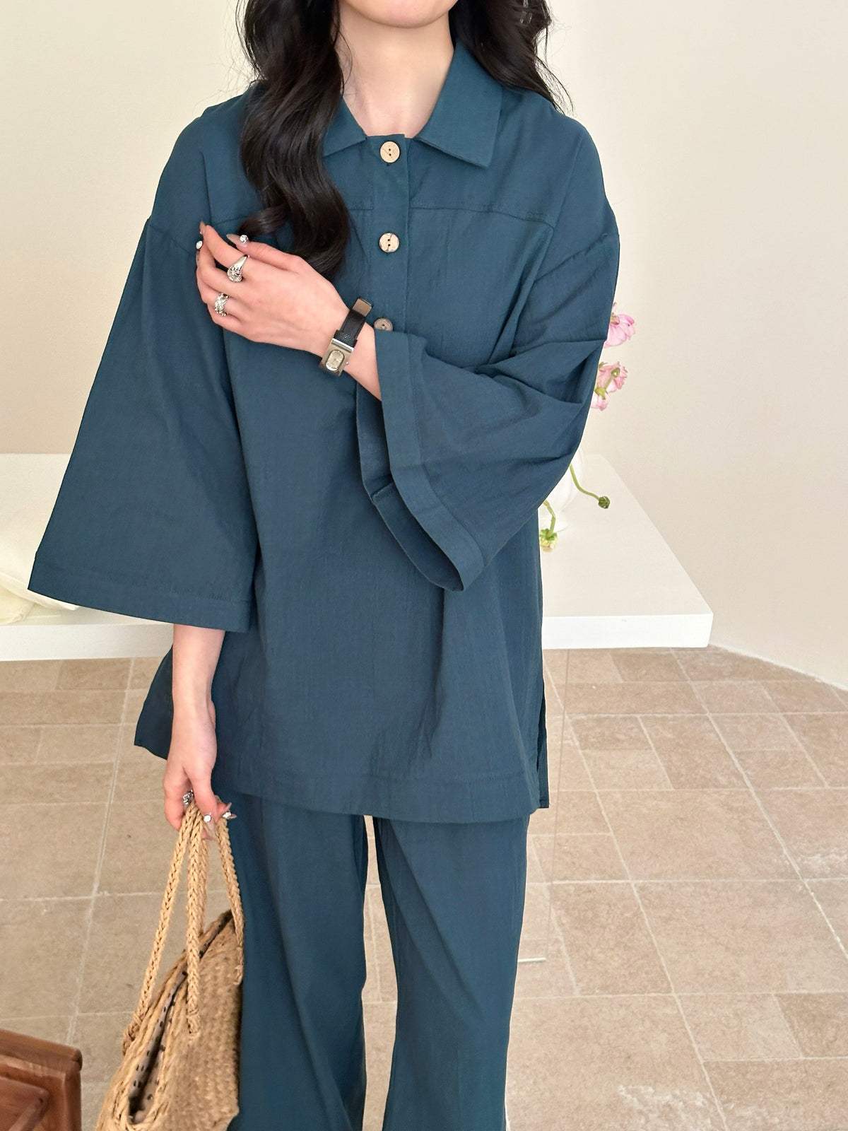 Liggi Cotton Linen Textured Set Dark Teal