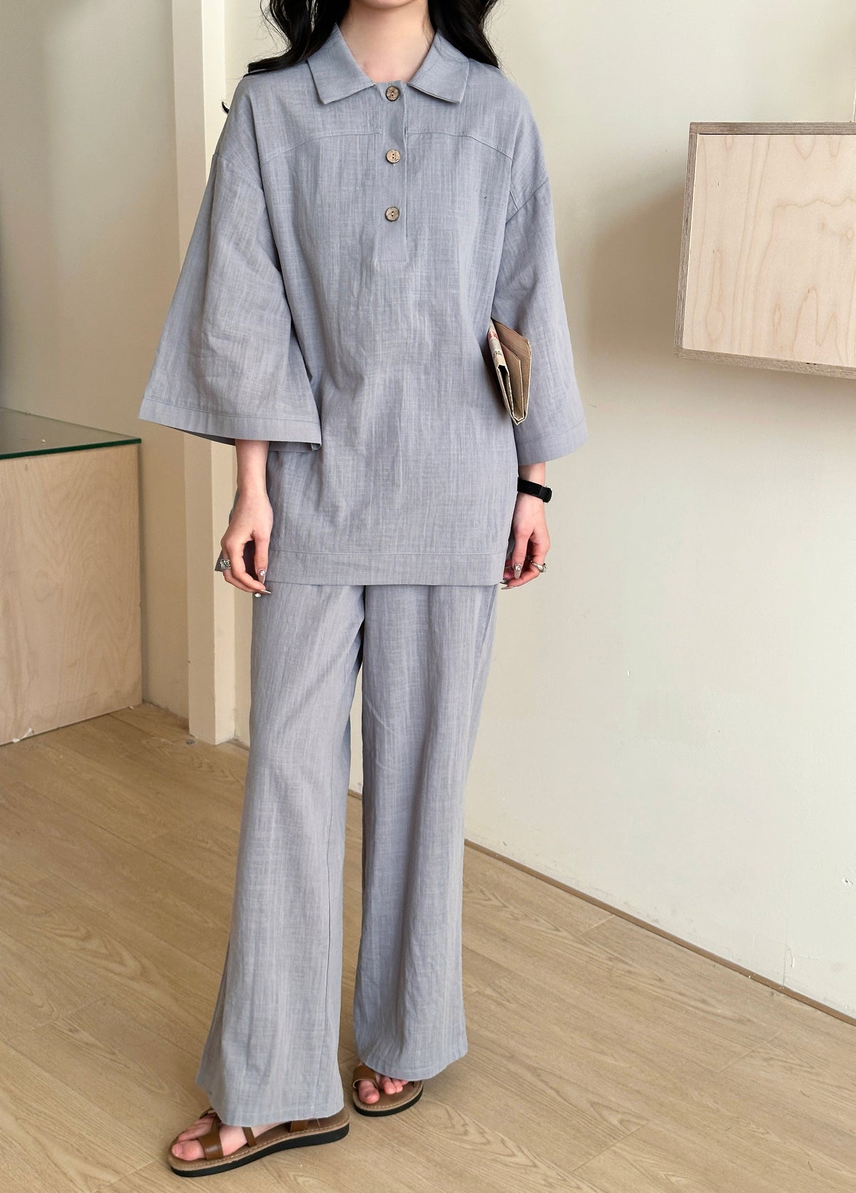 Liggi Crinked Cotton Linen Set Ice Grey