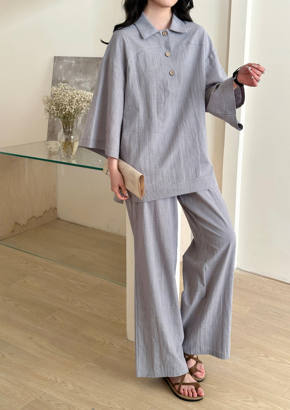 Liggi Crinked Cotton Linen Set Ice Grey