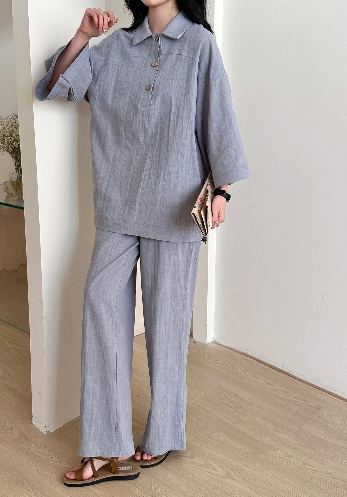 Liggi Crinked Cotton Linen Set Ice Grey