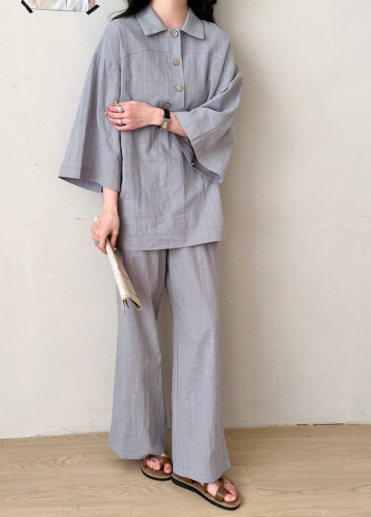 Liggi Crinked Cotton Linen Set Ice Grey