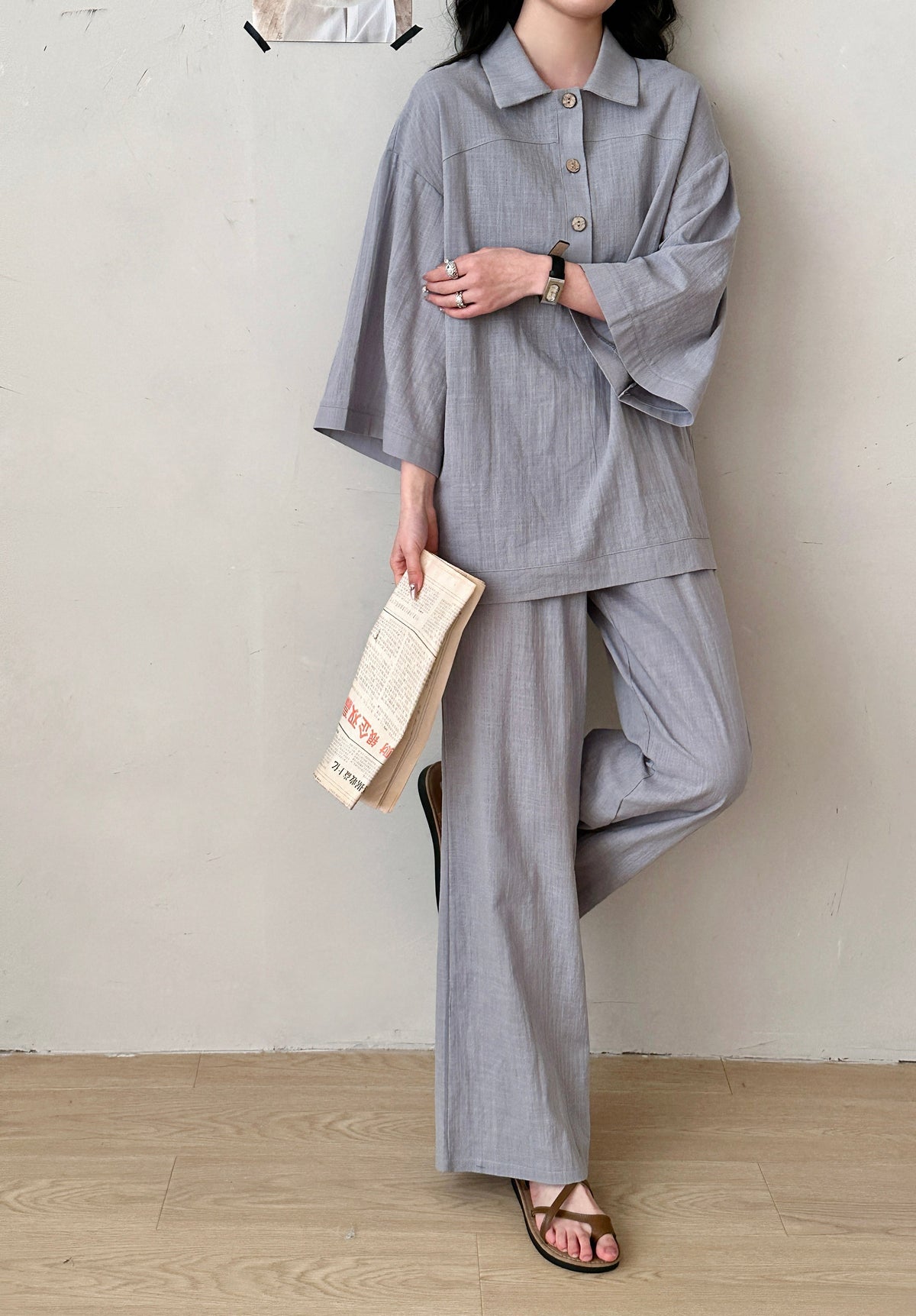 Liggi Crinked Cotton Linen Set Ice Grey