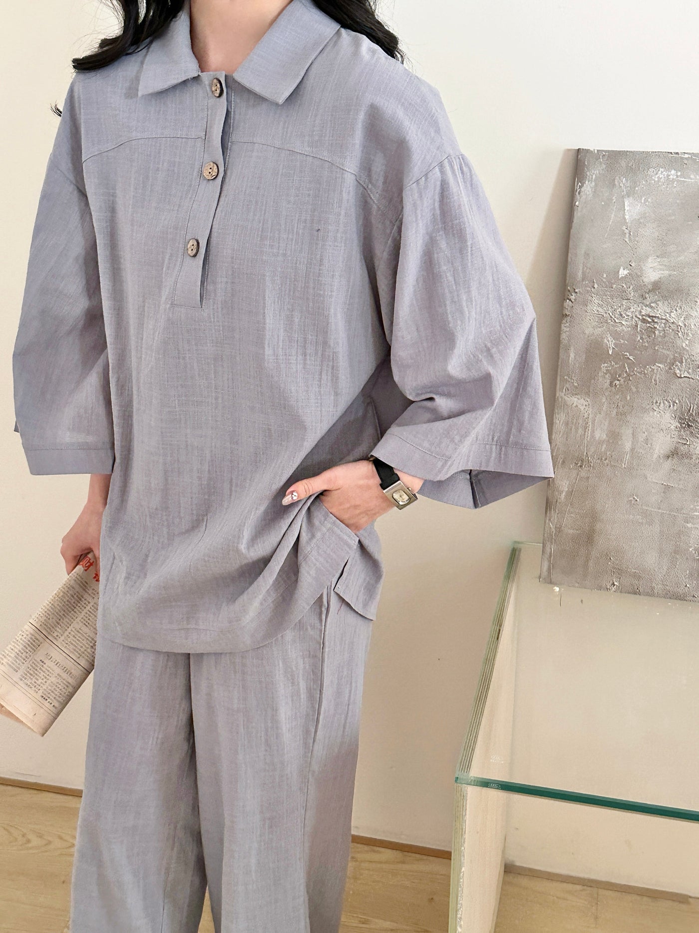 Liggi Crinked Cotton Linen Set Ice Grey