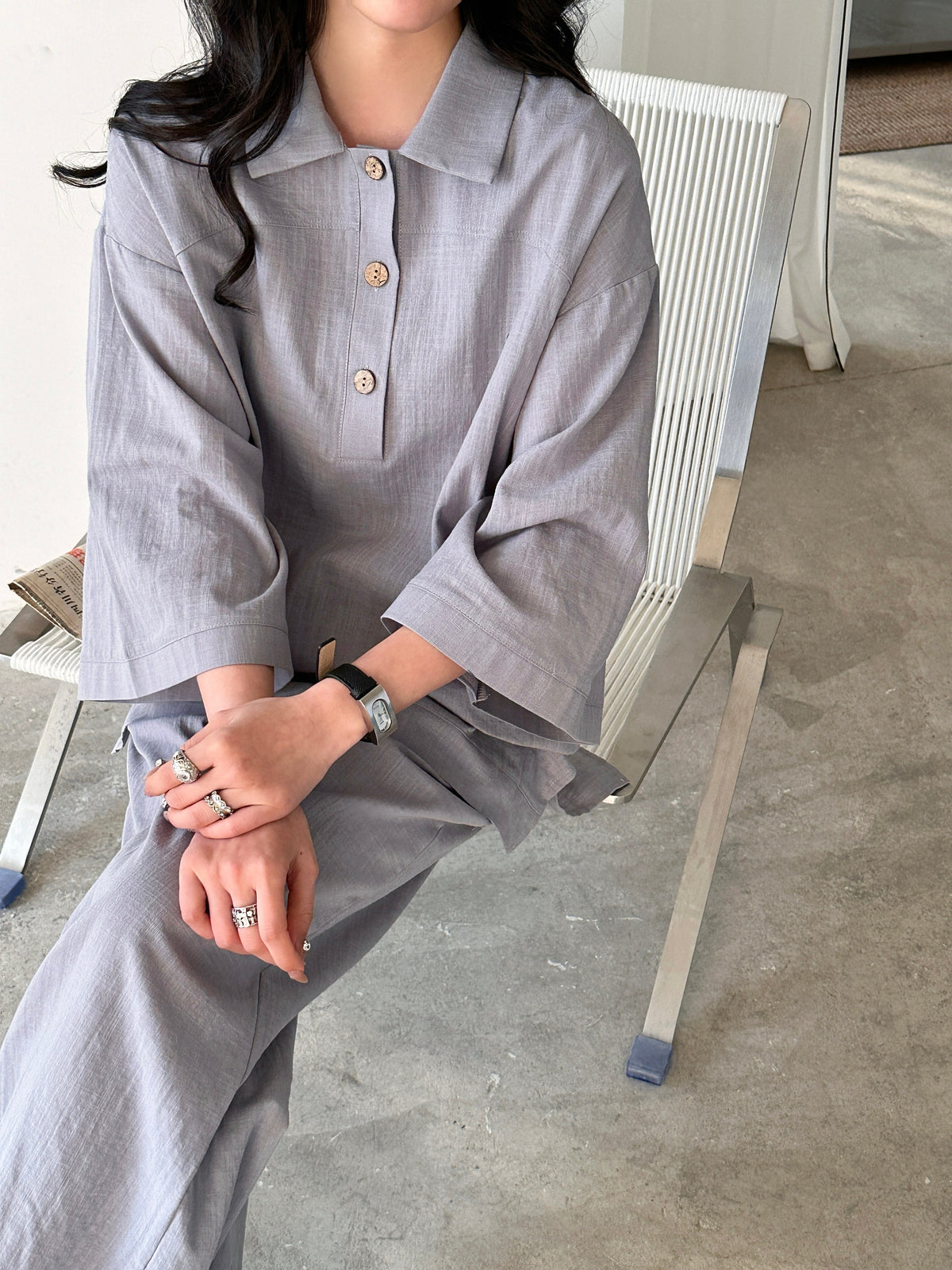 Liggi Crinked Cotton Linen Set Ice Grey