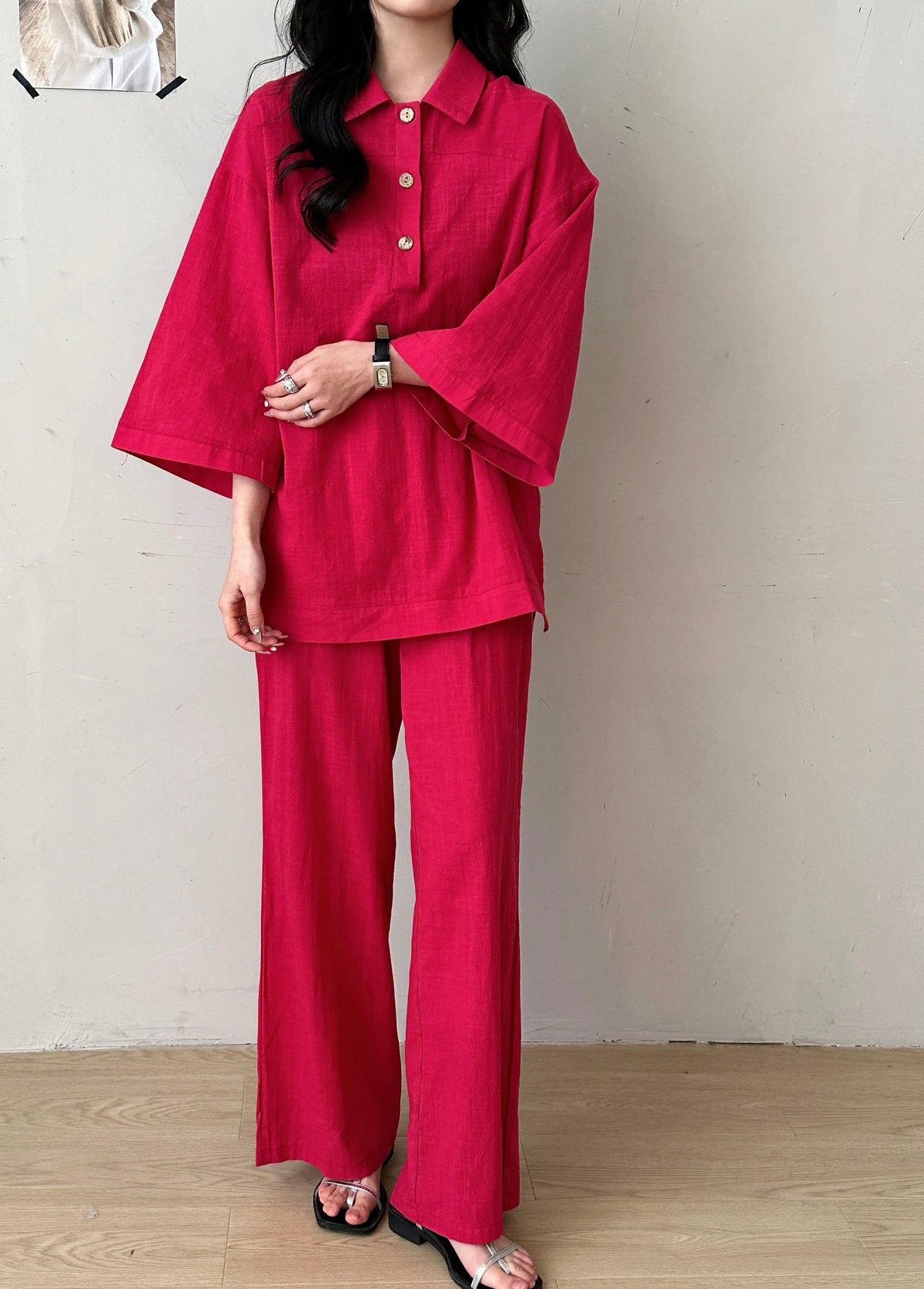 Liggi Crinkled Cotton Linen Textured Set Fuchsia